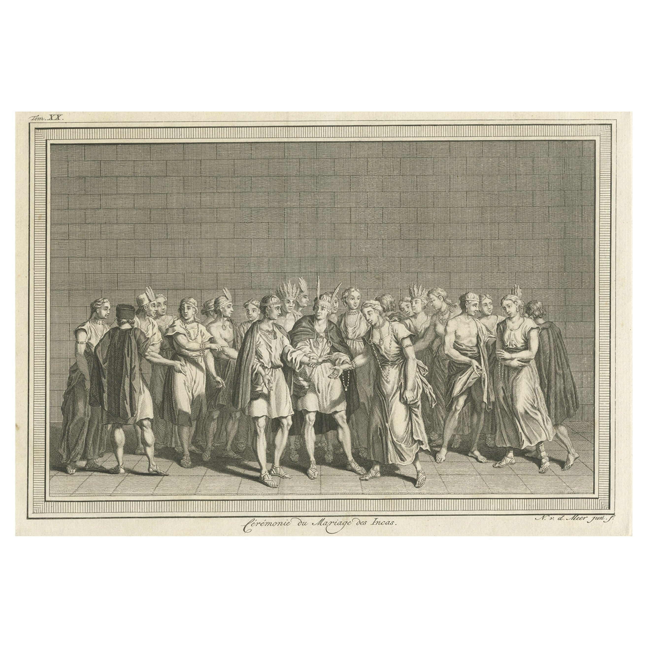 Gravure en cuivre d'une cérémonie de mariage Inca, 1773 en vente