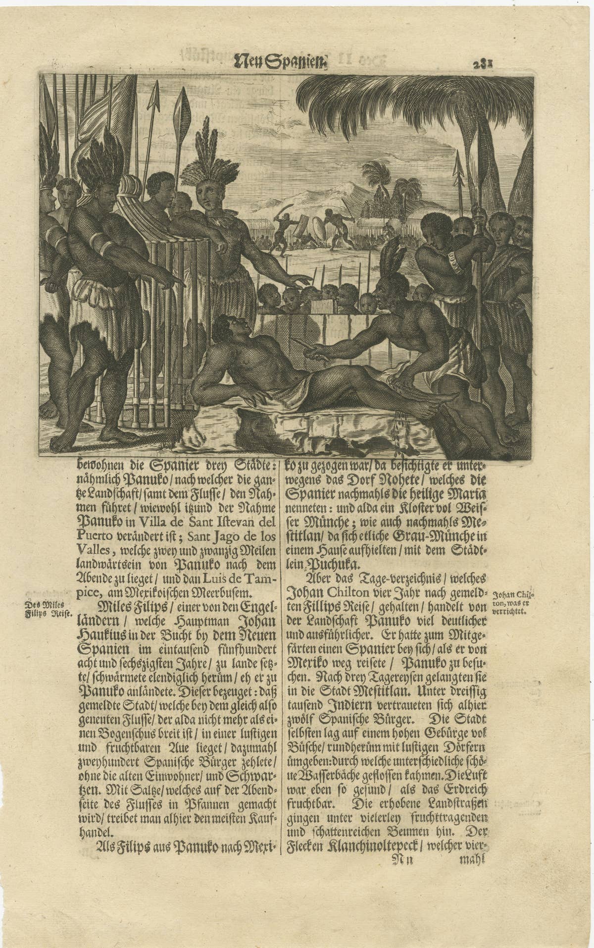 Copper Engraving of Ceremonial Life in New Spain by Montanus, 1673