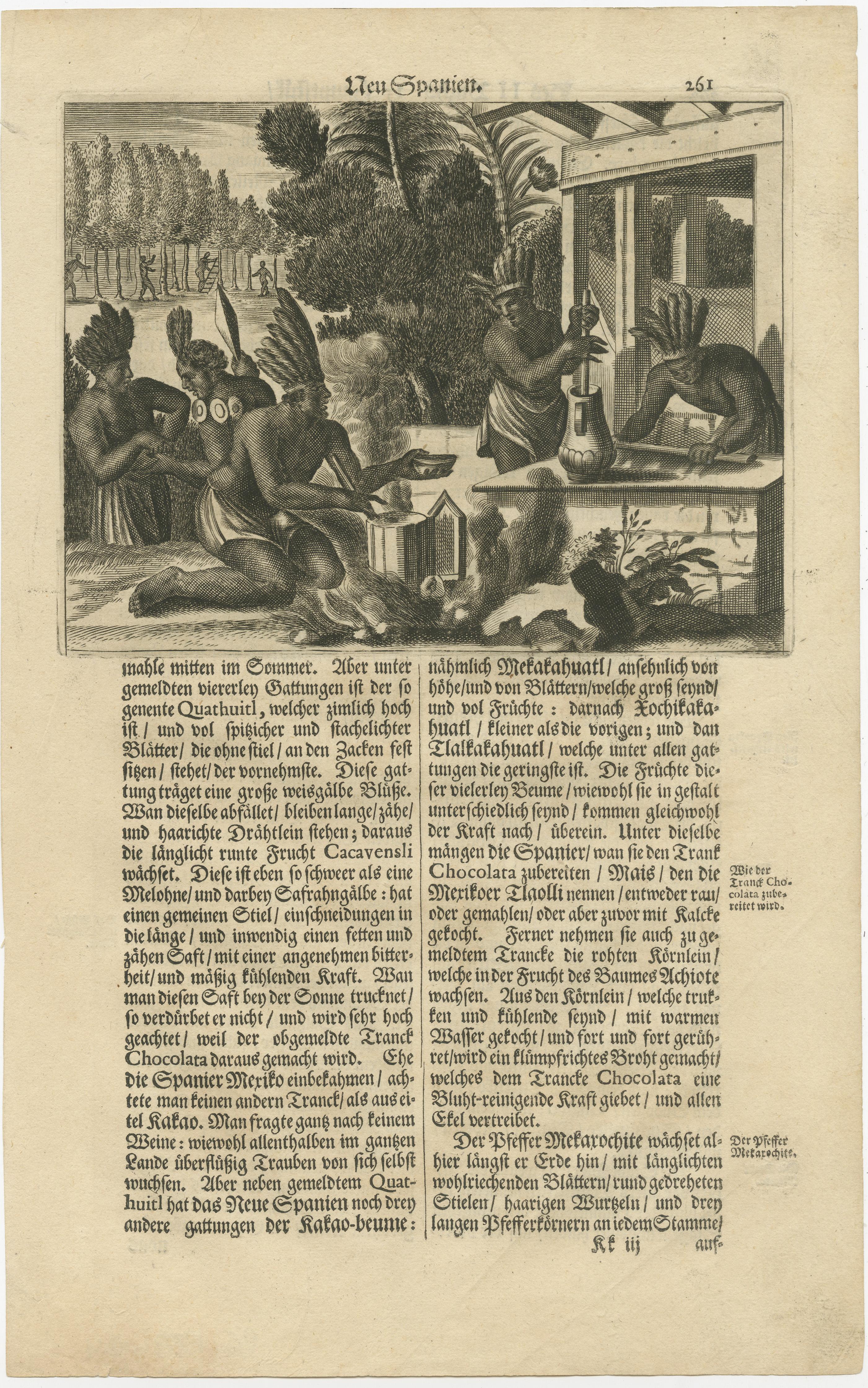 This original copper engraving depicts a lively scene of daily life in New Spain from Arnoldus Montanus' 