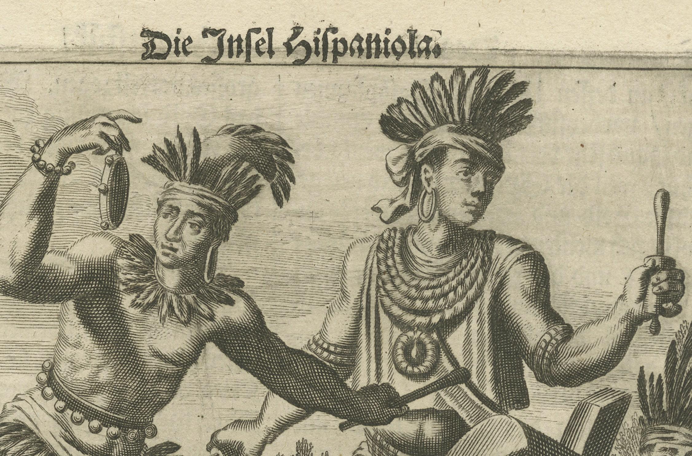 Gravure en cuivre de Hispaniola - vie indigène en Amérique par Montanus, 1673 Bon état - En vente à Langweer, NL