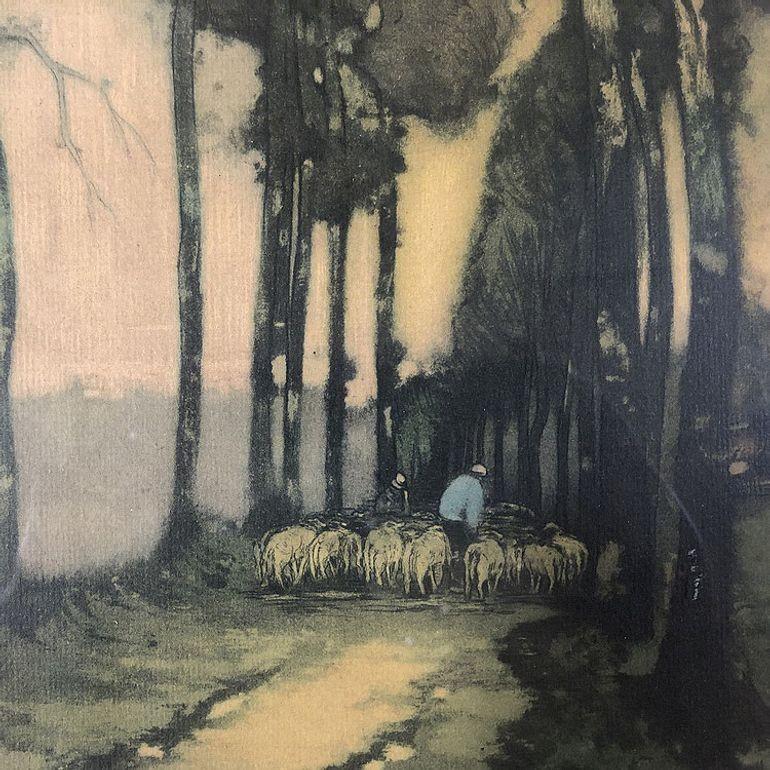 Copper Engraving of Shepherd by Trees Signed by Artist In Excellent Condition For Sale In Van Nuys, CA