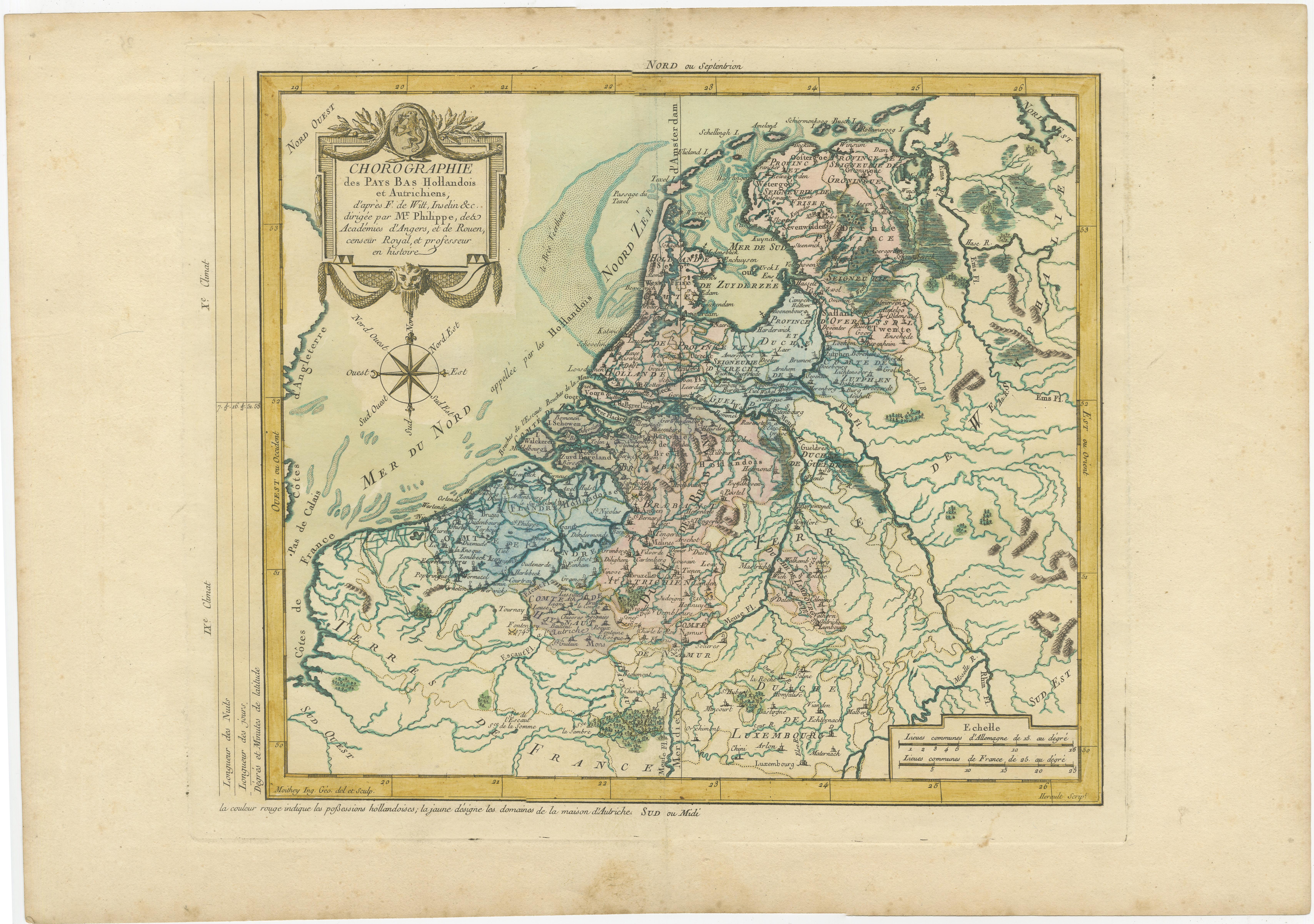 Diese antike Karte, ein seltener handkolorierter Kupferstich von E.A. Philippe de Pretot, zeigt aufwendige Details und leuchtende Farben. Die Karte misst etwa 33 x 47 Zentimeter und ist ein visuell beeindruckendes und gut erhaltenes Stück.

Die
