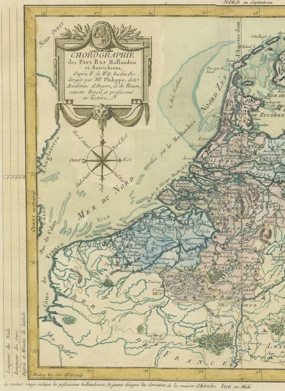 Mid-17th Century Copper Engraving of The Dutch and Austrian Netherlands Handcolored, 1772 For Sale