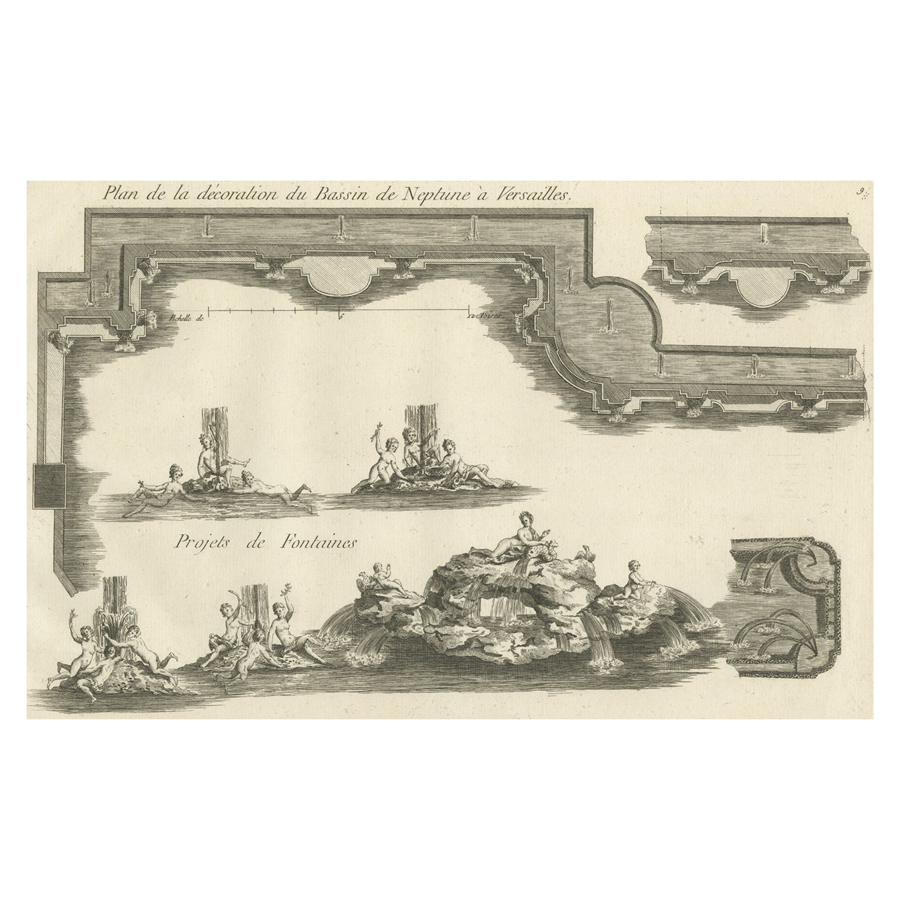 Kupferstich mit der Darstellung des Neptun-Brunnens von Versailles, Paris, Frankreich, 1785
