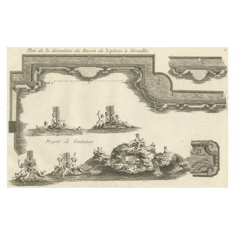 Copper Engraving Showing the Neptune Fountain of Versailles, Paris, France, 1785