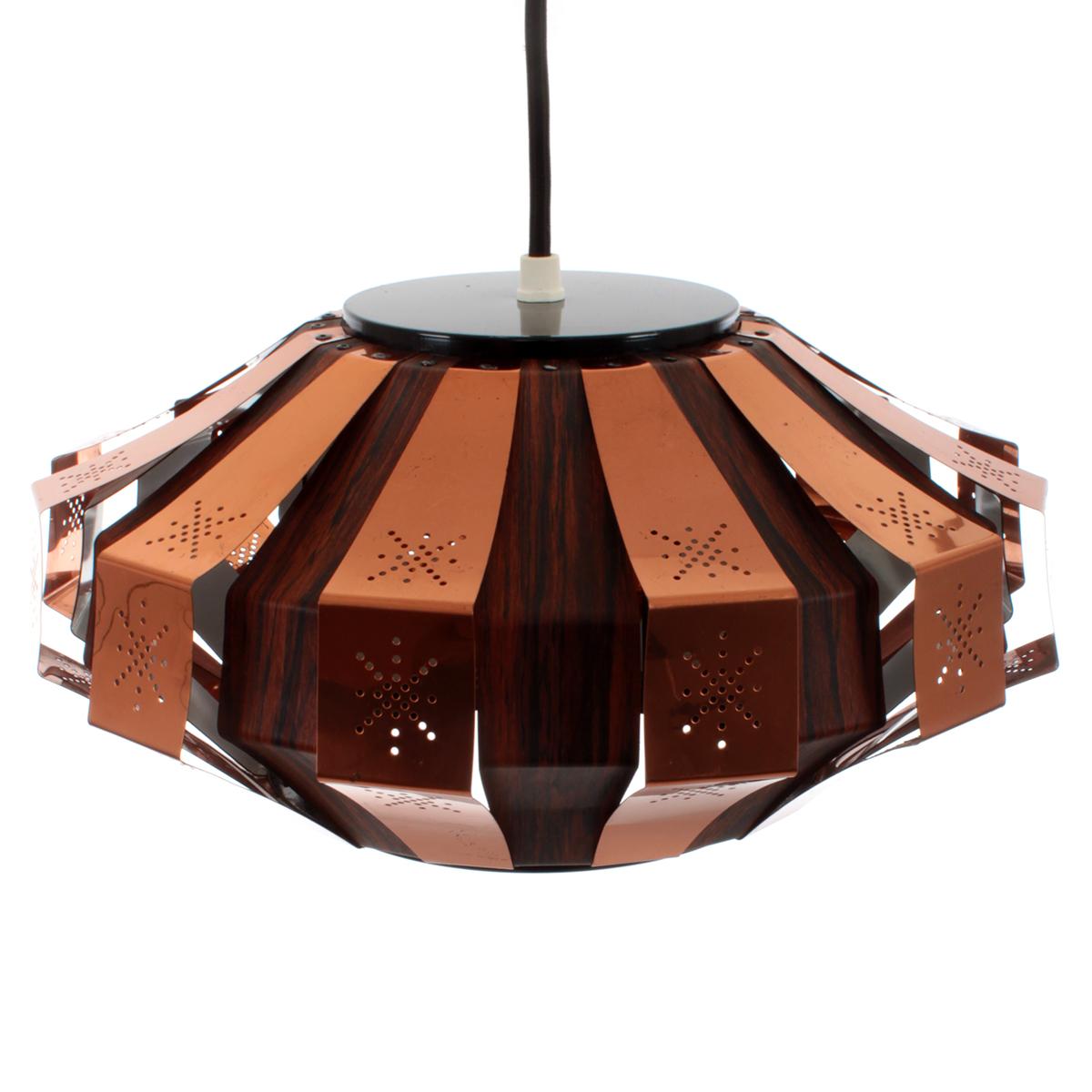 Copper and Faux Rosewood Pendant Light by Danish Coronell in the 1970s In Good Condition In Brondby, Copenhagen