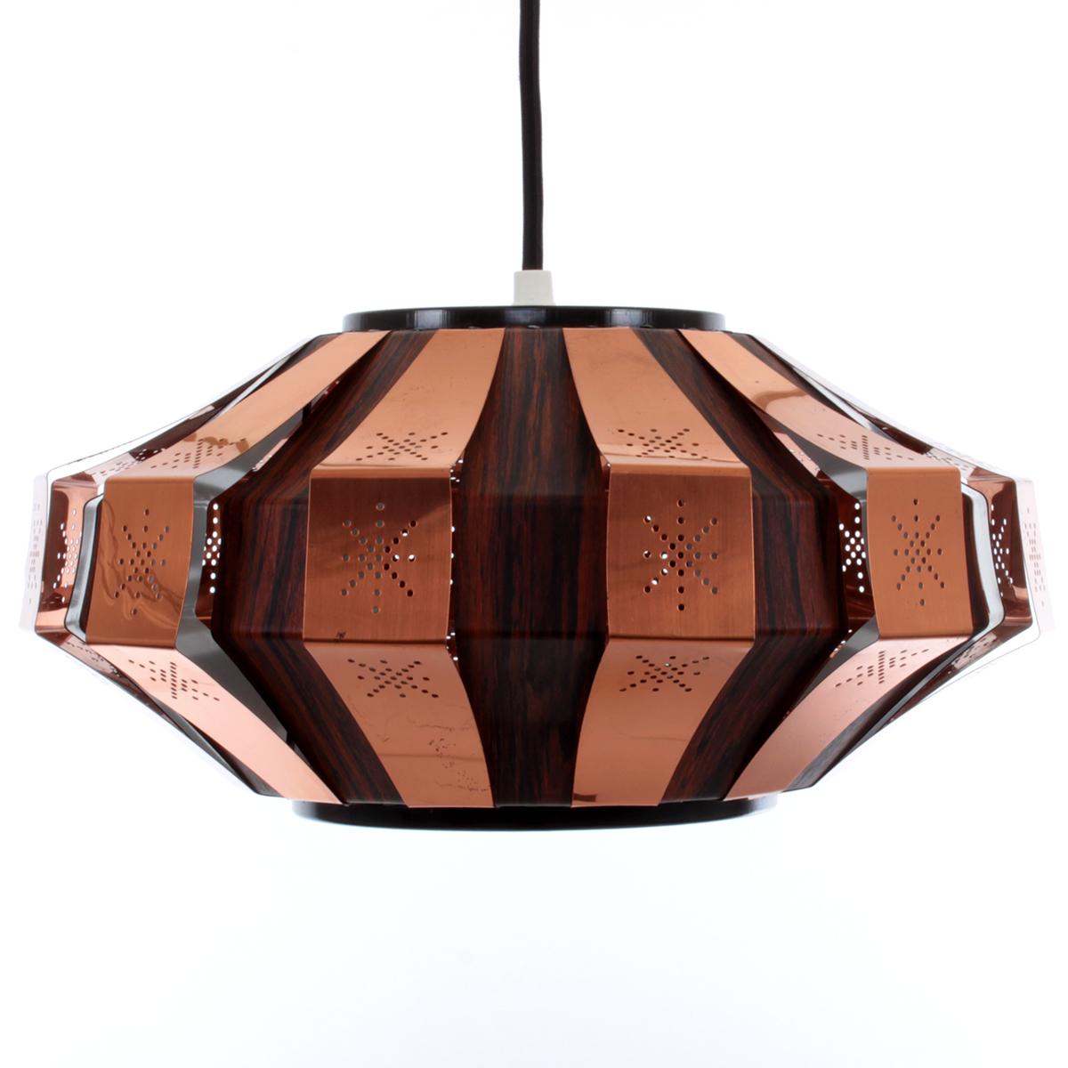 Copper and Faux Rosewood Pendant Light by Danish Coronell in the 1970s