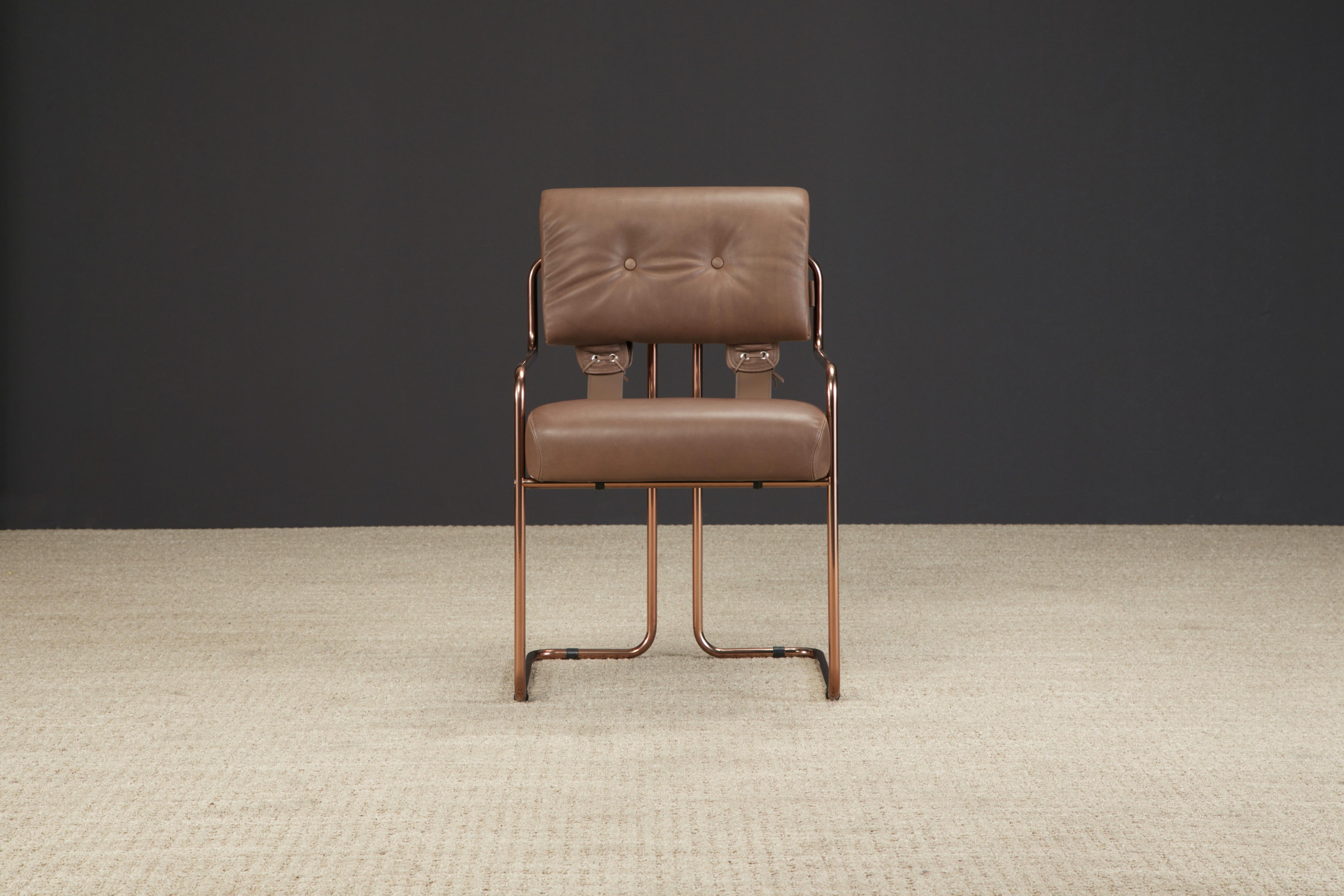 Currently, the most coveted dining chairs by interior designers are 'Tucroma' chairs by Guido Faleschini for i4 Mariani, and we have this incredible special edition Tucroma armchair in soft natural brown leather with polished copper finish frames