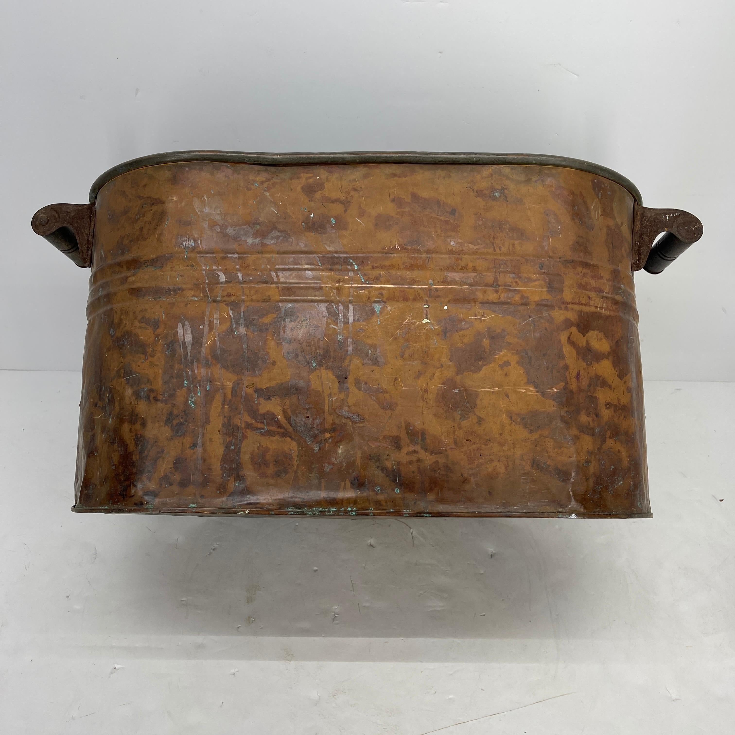 Copper Fireplace Log Bucket with Black Iron Tools, 19th Century French Napoleon 5