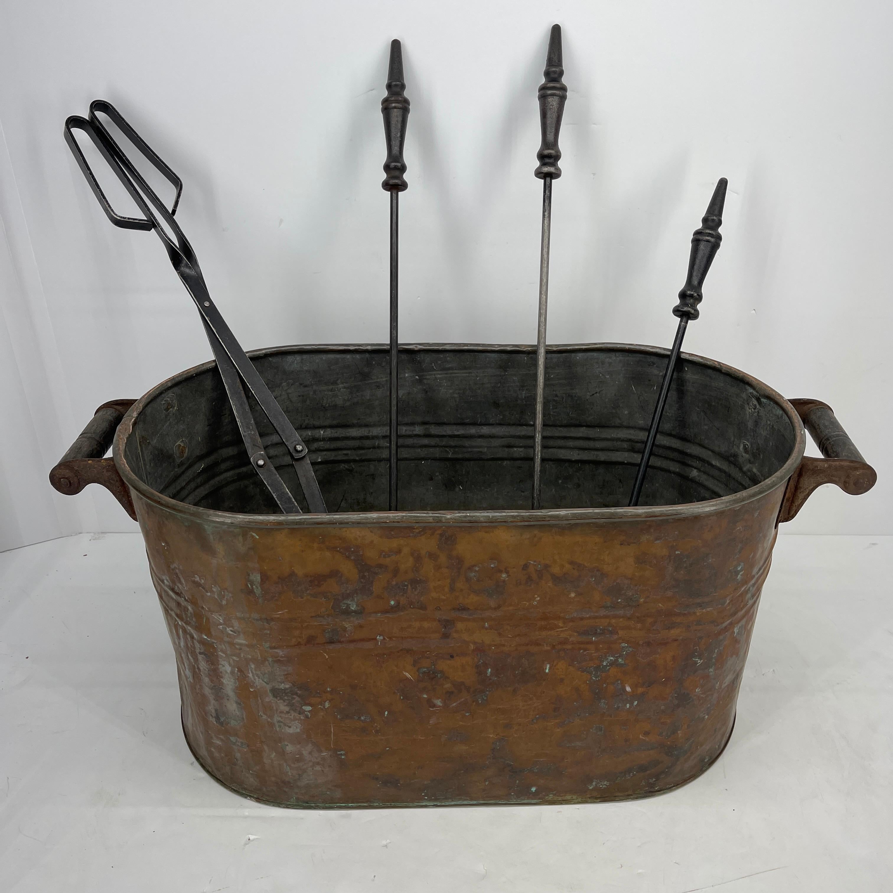 Napoleon III Copper Fireplace Log Bucket with Black Iron Tools, 19th Century French Napoleon
