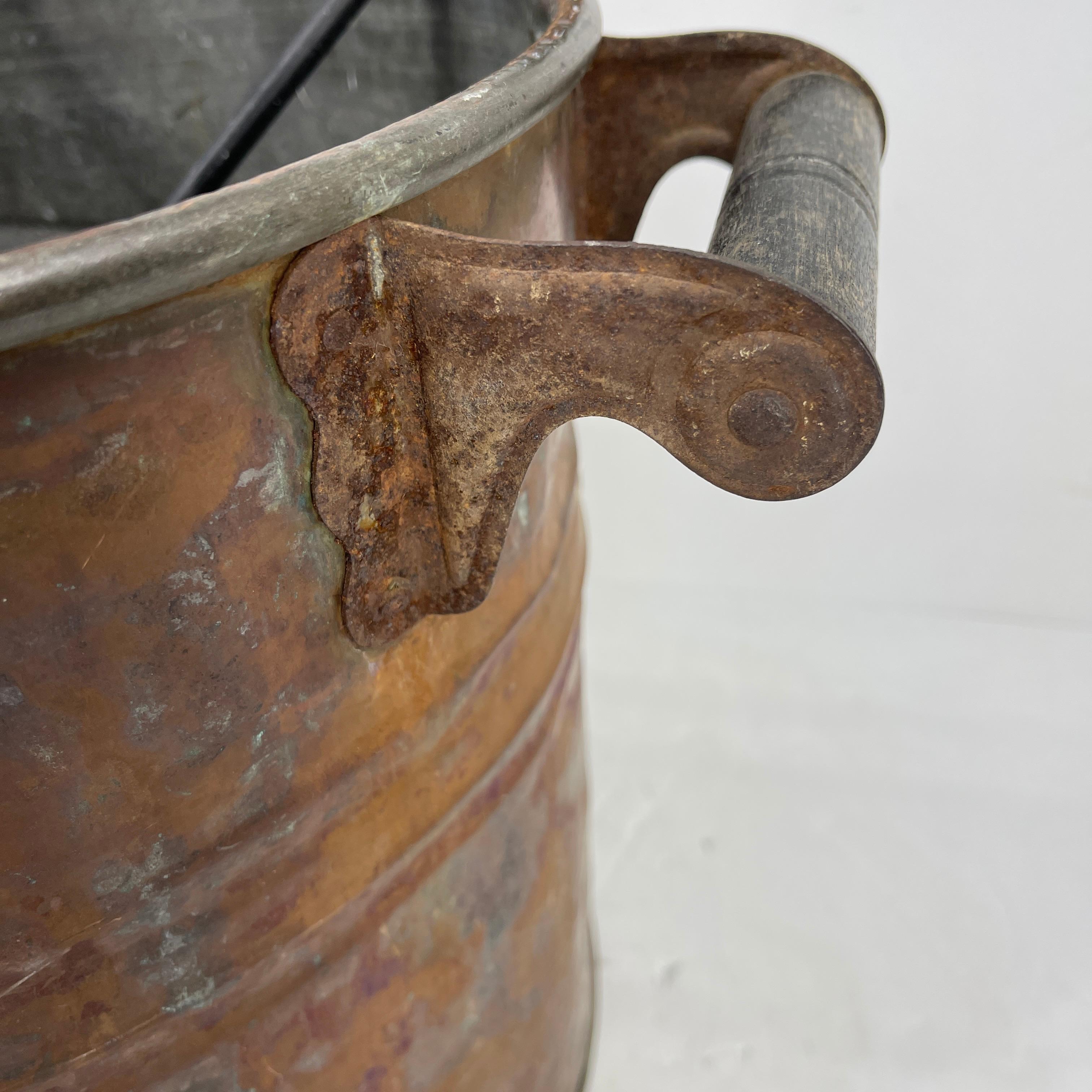 Copper Fireplace Log Bucket with Black Iron Tools, 19th Century French Napoleon In Good Condition In Haddonfield, NJ