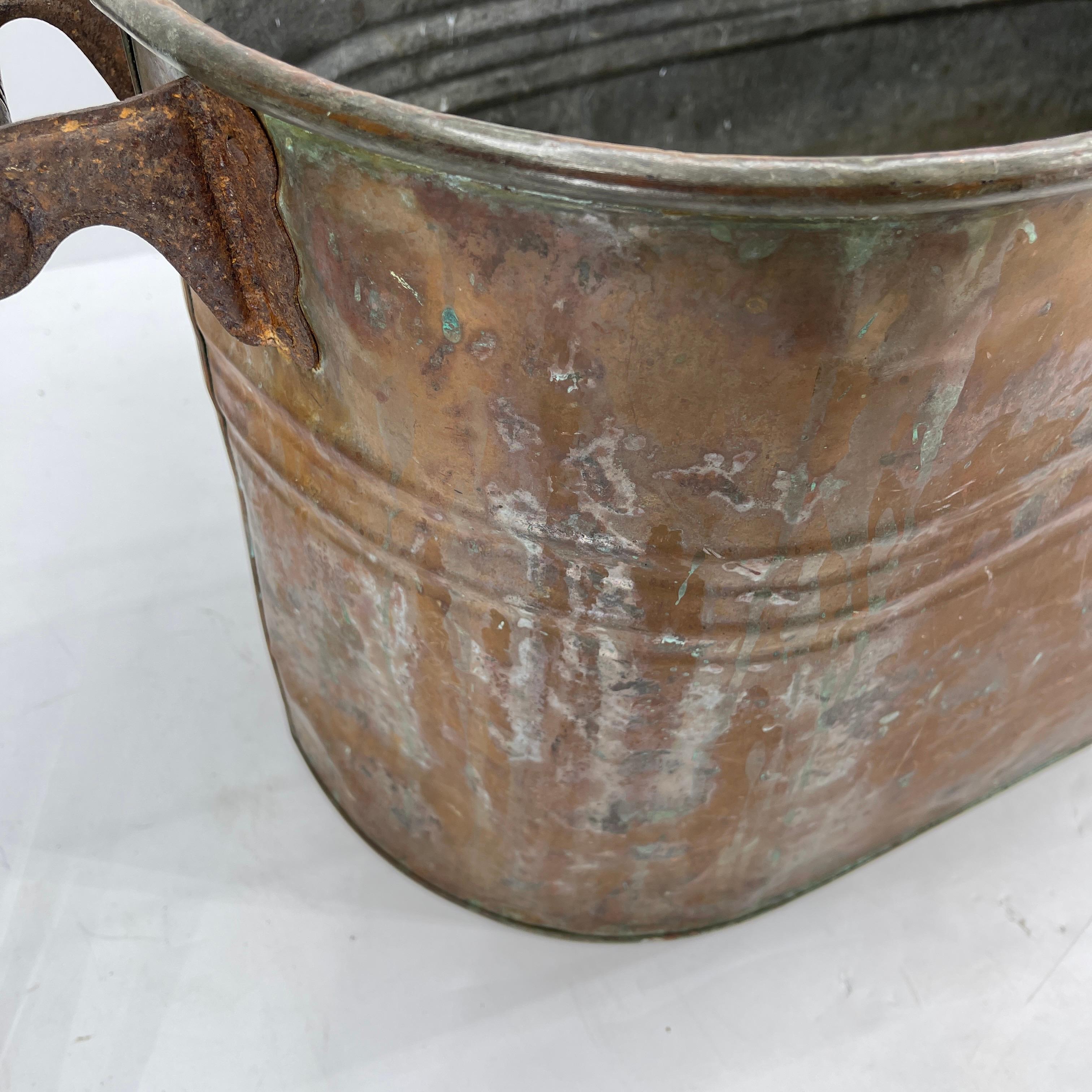 Copper Fireplace Log Bucket with Black Iron Tools, 19th Century French Napoleon 2