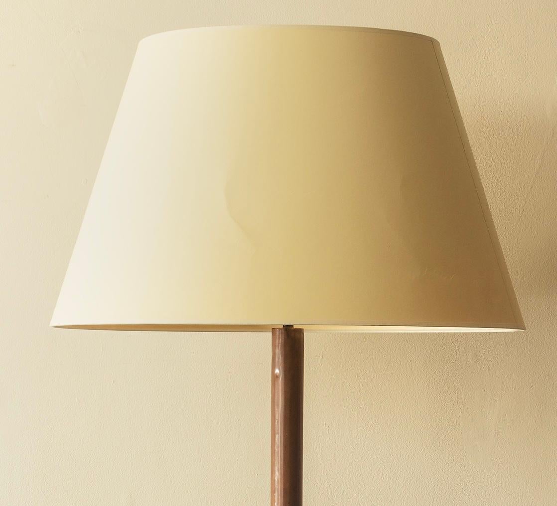 Mid-Century Modern Copper floor lamp with inset ring of brass on three-part brass foot. French 1960 For Sale