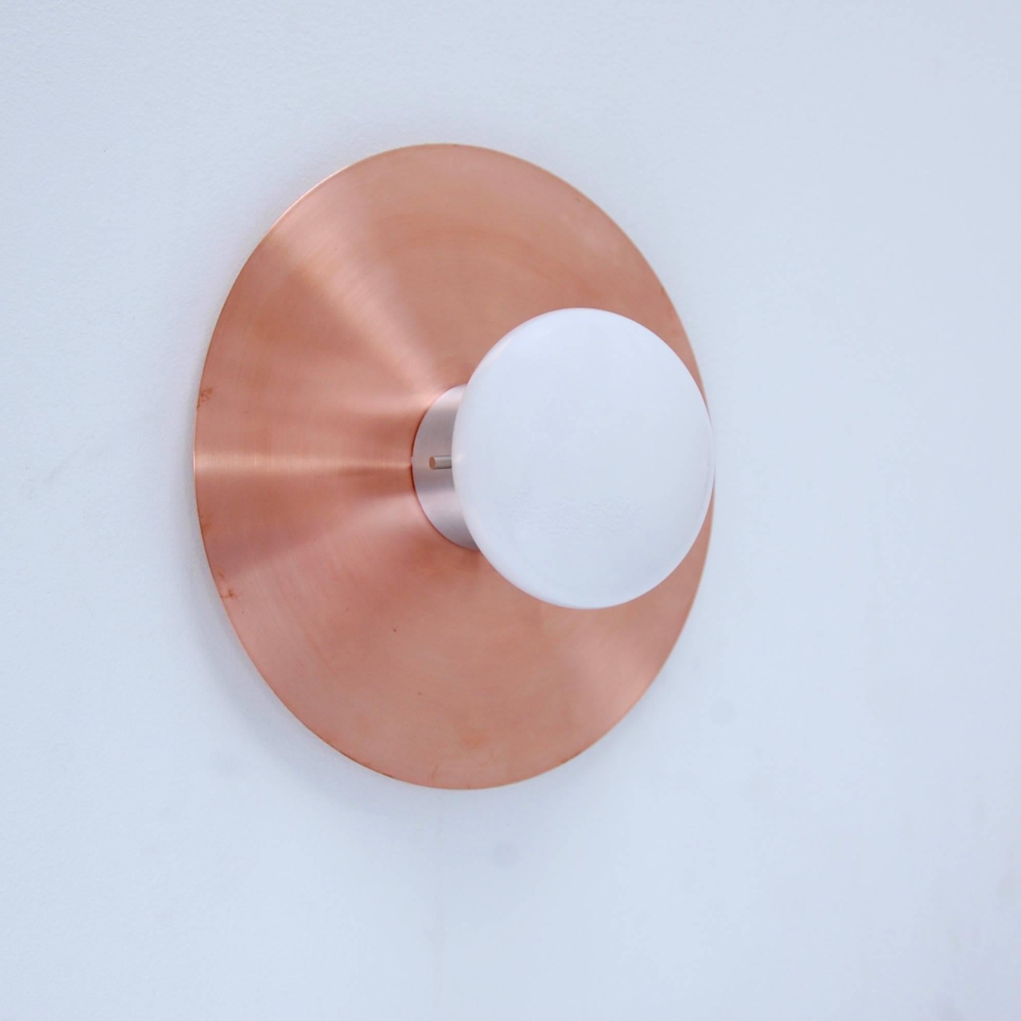 (3) 1950s Italian copper flush mount or wall fixtures in glass, copper and aluminum. Wired for the US. Can be used as ceiling mounts or wall fixtures/sconces. Single E12 candelabra based socket. 60 watts max. Priced