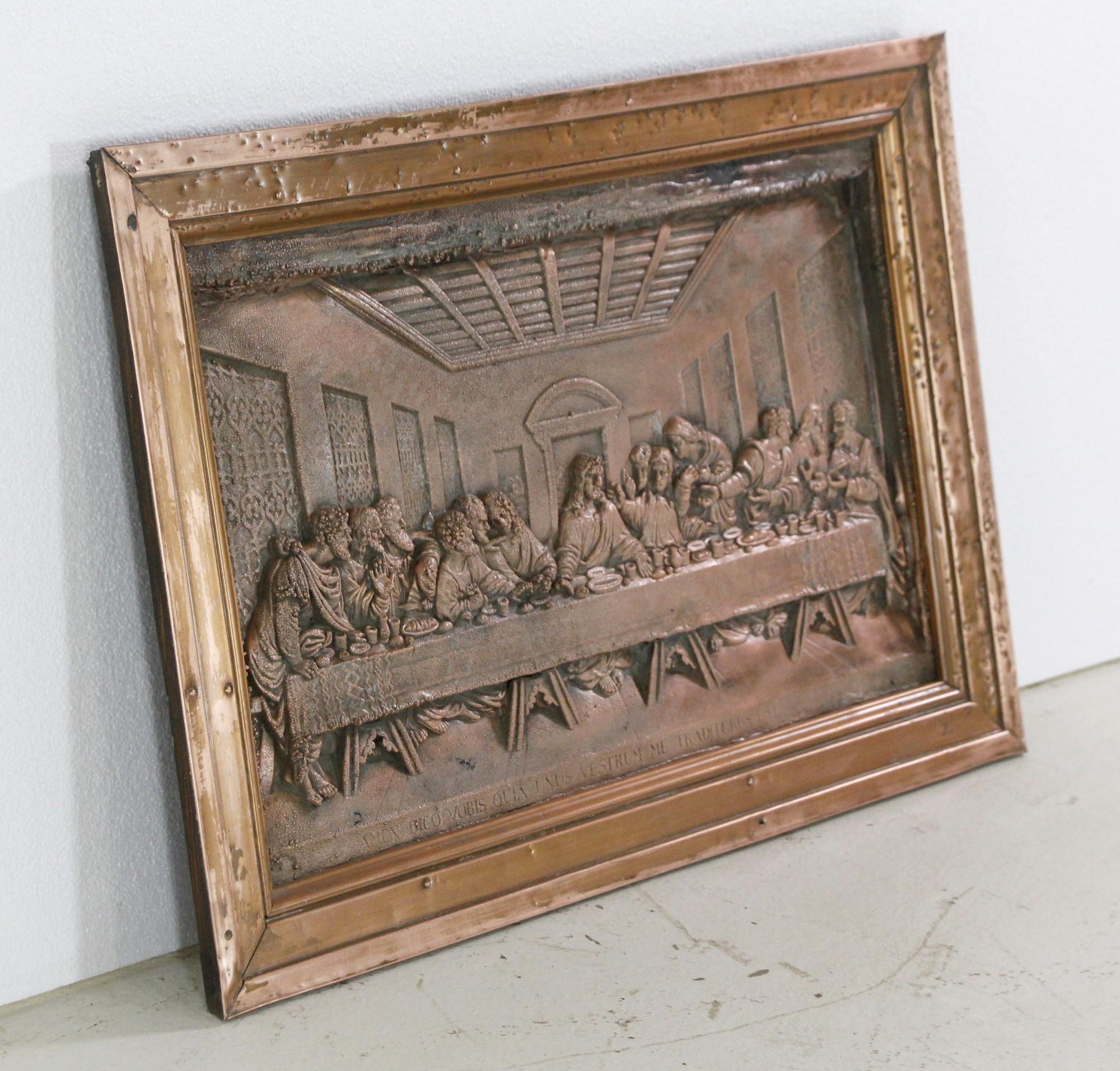 Depiction of the last supper made out of 3D pressed copper. Now mounted in retrieved early 20th century copper window molding from a Madison Ave building in Manhattan. Strung with a mounting wire ready to hang. This can be seen at our 400 Gilligan