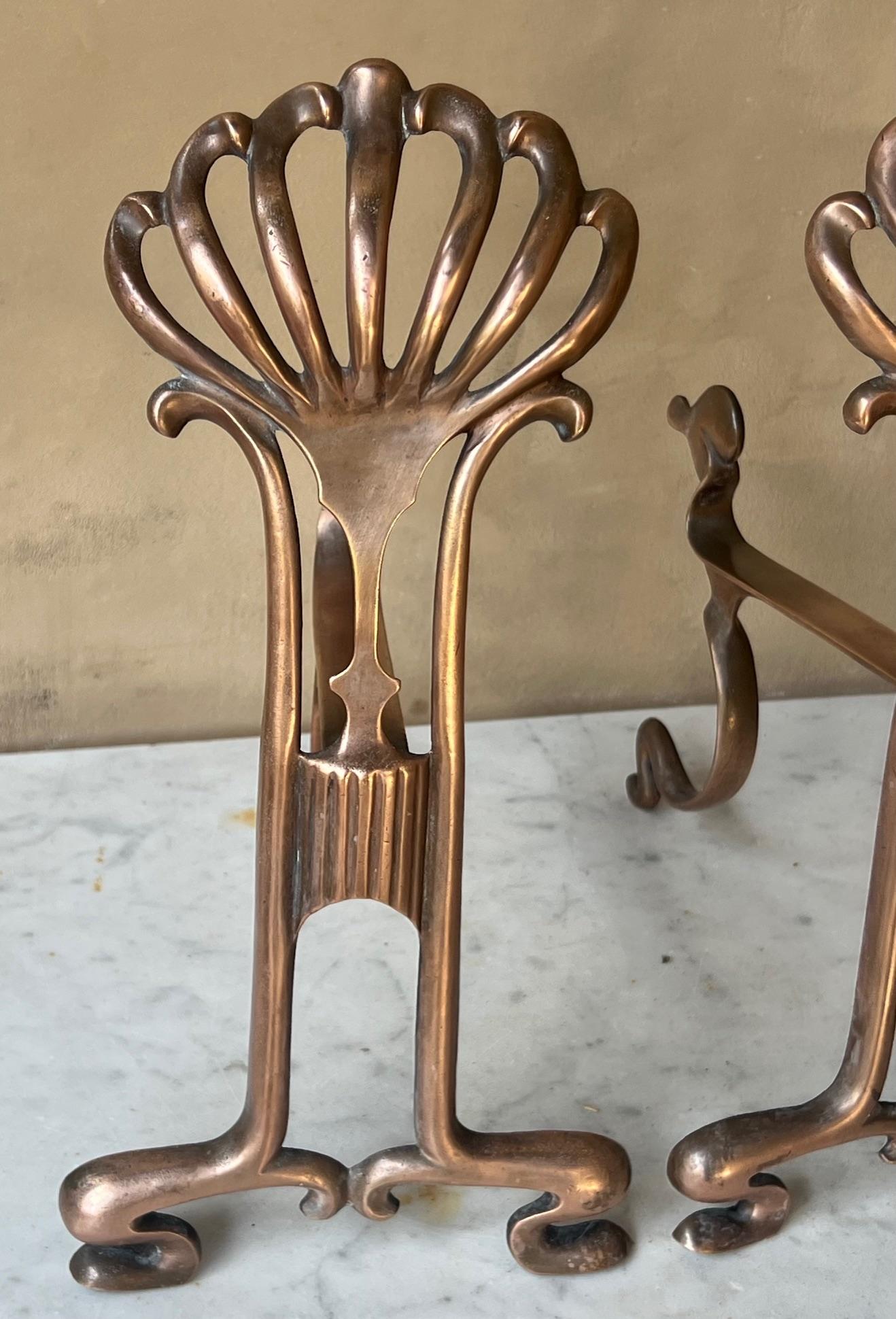 Cast Copper French Art Nouveau Fireplace Andiorons, c. 1900's For Sale