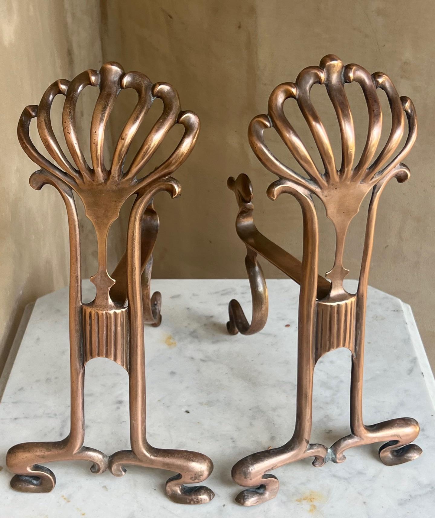 Copper French Art Nouveau Fireplace Andiorons, c. 1900's In Good Condition For Sale In Ross, CA