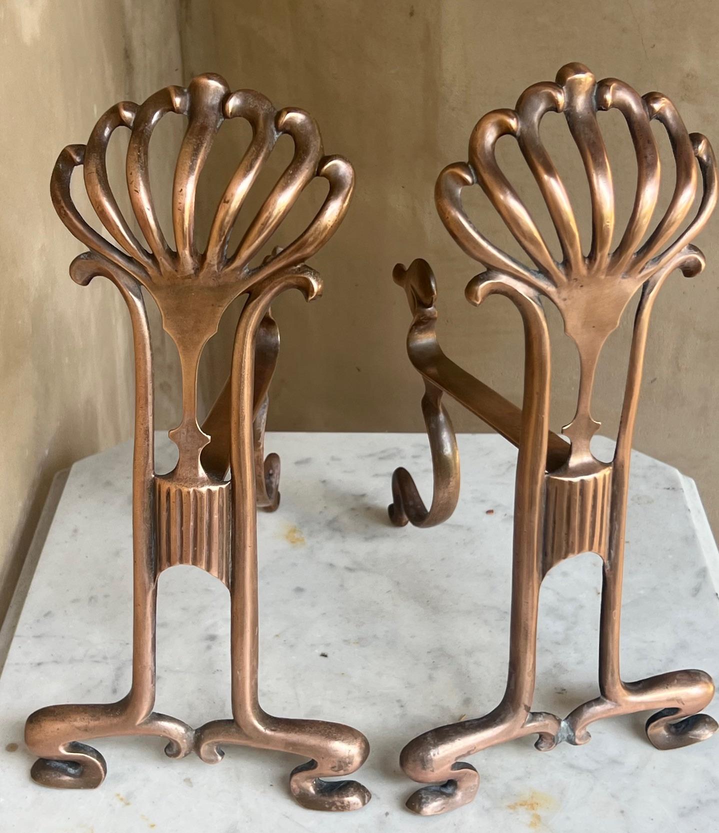 20th Century Copper French Art Nouveau Fireplace Andiorons, c. 1900's For Sale