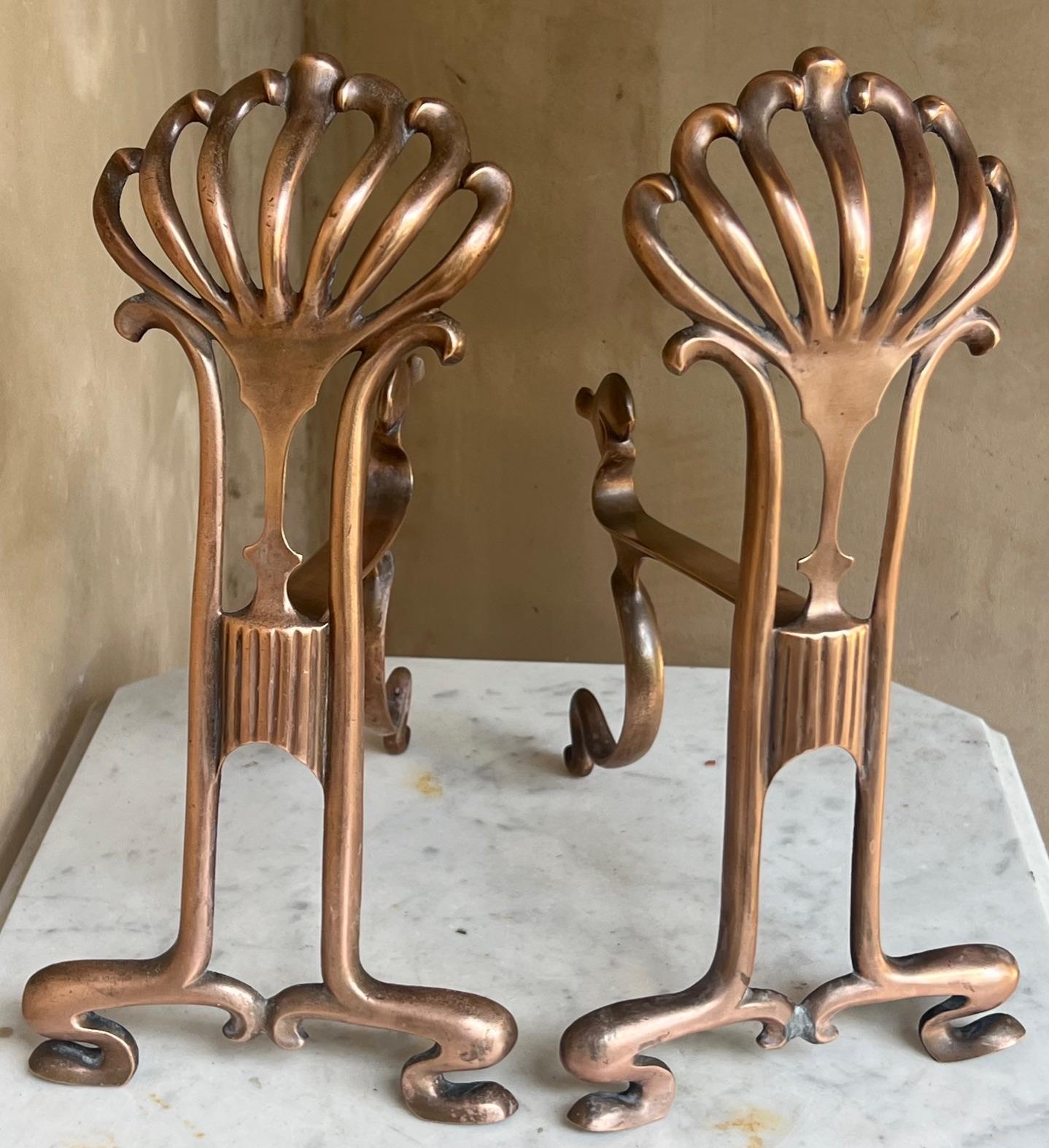 Copper French Art Nouveau Fireplace Andiorons, c. 1900's For Sale 1