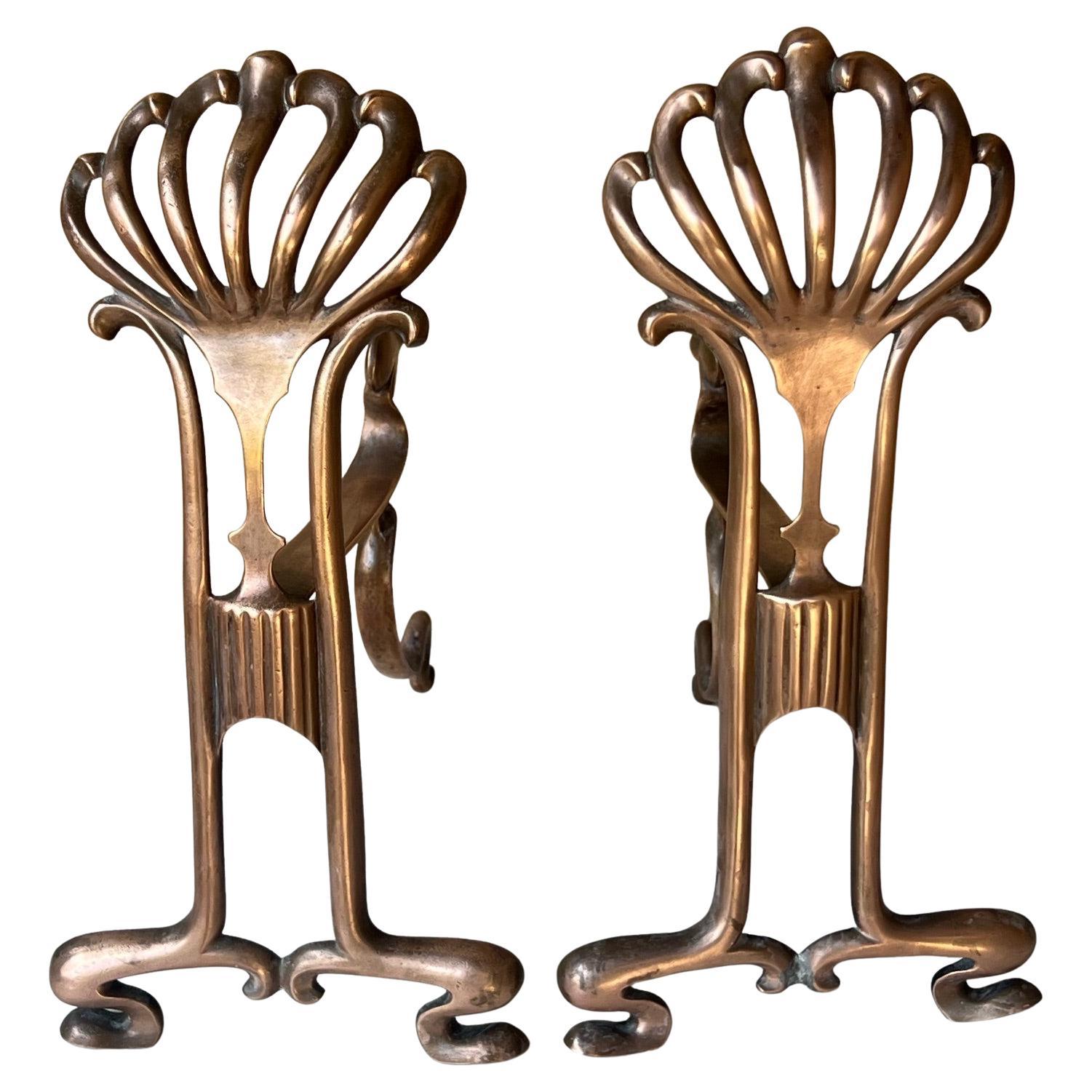 Copper French Art Nouveau Fireplace Andiorons, c. 1900's For Sale