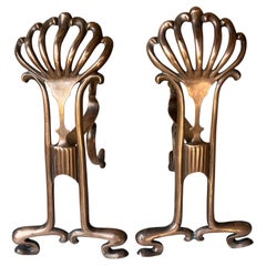 Antique Copper French Art Nouveau Fireplace Andiorons, c. 1900's