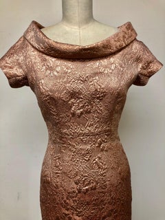 Copper French Brocade Slim Dress with Roll Collar Neckline and Cap Sleeve