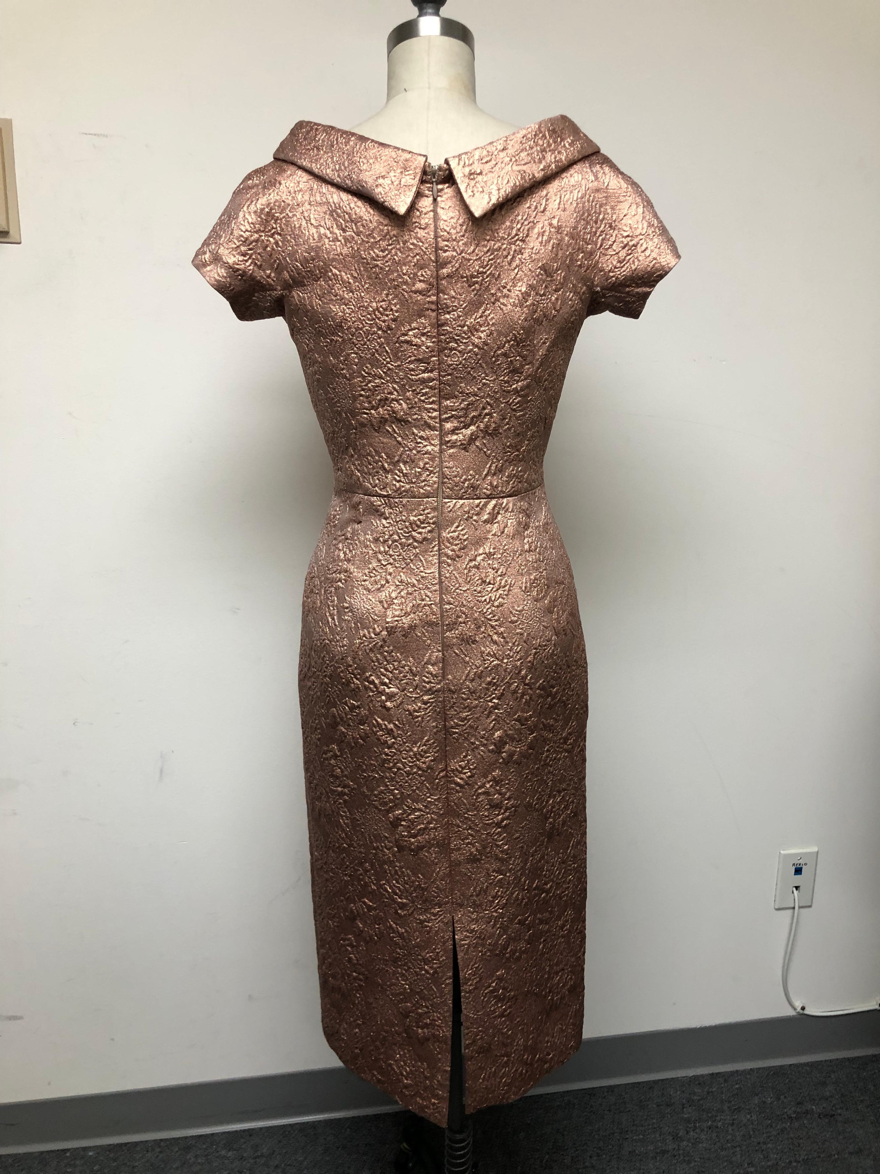 Copper French Brocade Slim Dress with Roll Collar Neckline and Cap Sleeve  In Excellent Condition For Sale In Los Angeles, CA
