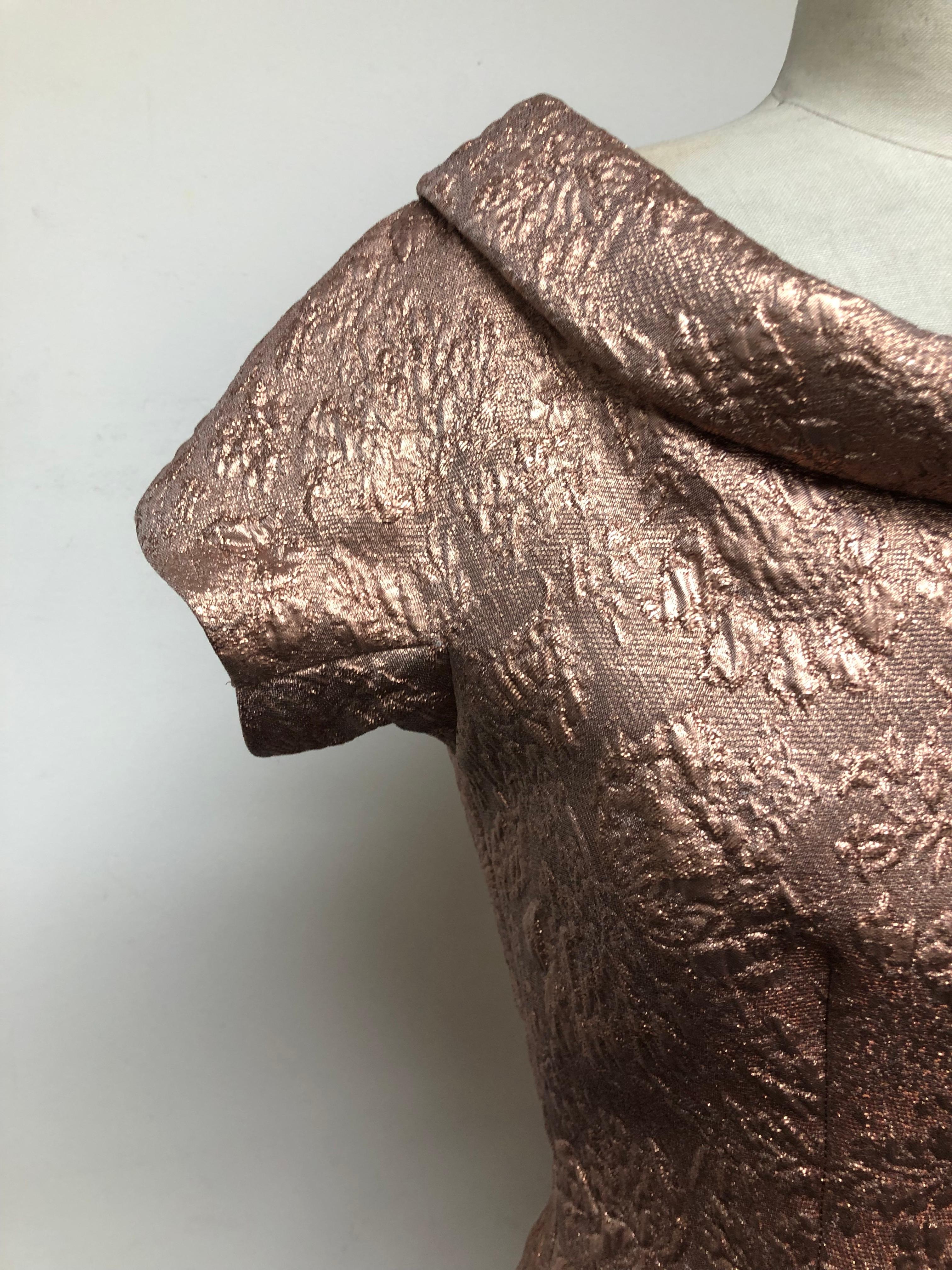 Women's Copper French Brocade Slim Dress with Roll Collar Neckline and Cap Sleeve