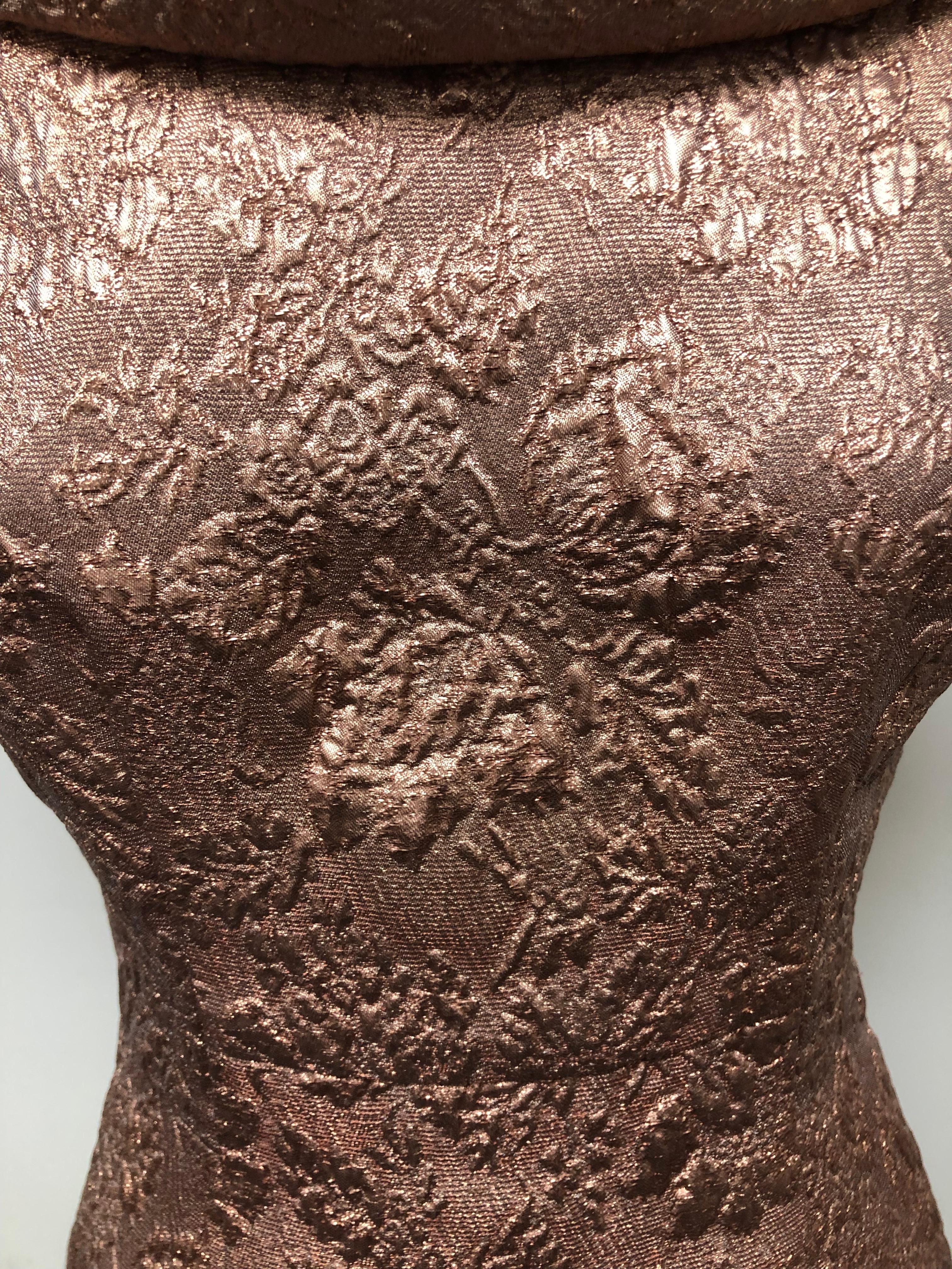 Copper French Brocade Slim Dress with Roll Collar Neckline and Cap Sleeve 1