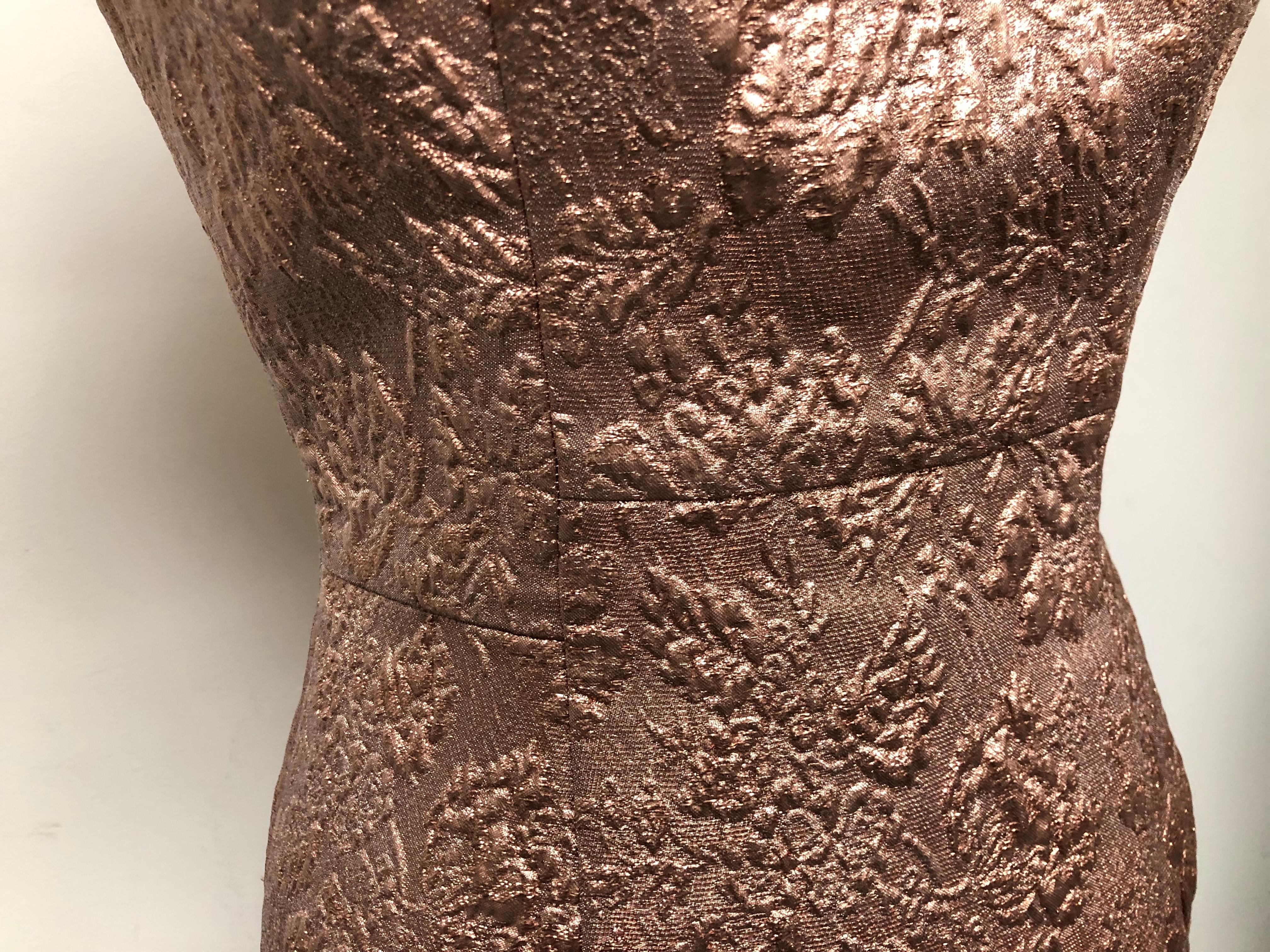 Copper French Brocade Slim Dress with Roll Collar Neckline and Cap Sleeve 2