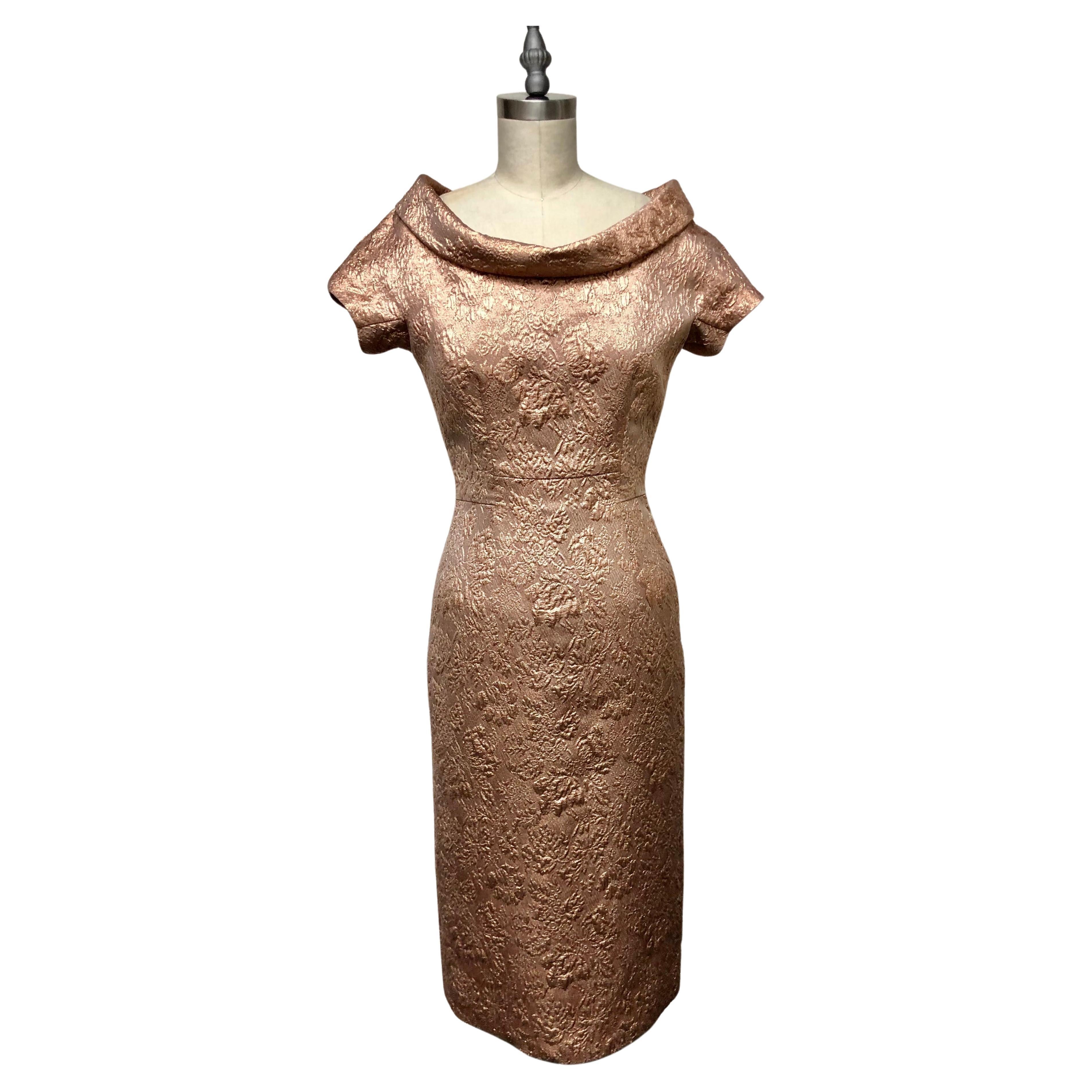 Copper French Brocade Slim Dress with Roll Collar Neckline and Cap Sleeve  For Sale