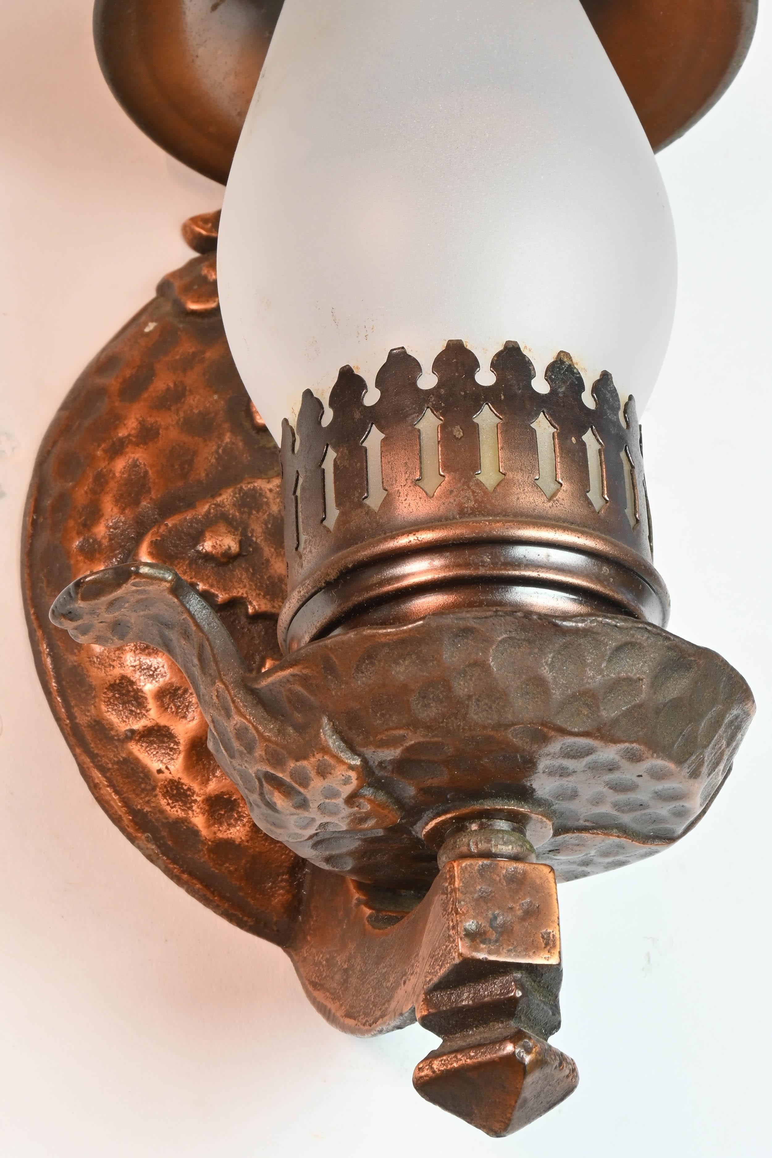 Tudor Copper Gilt Hammered Lamp Sconces