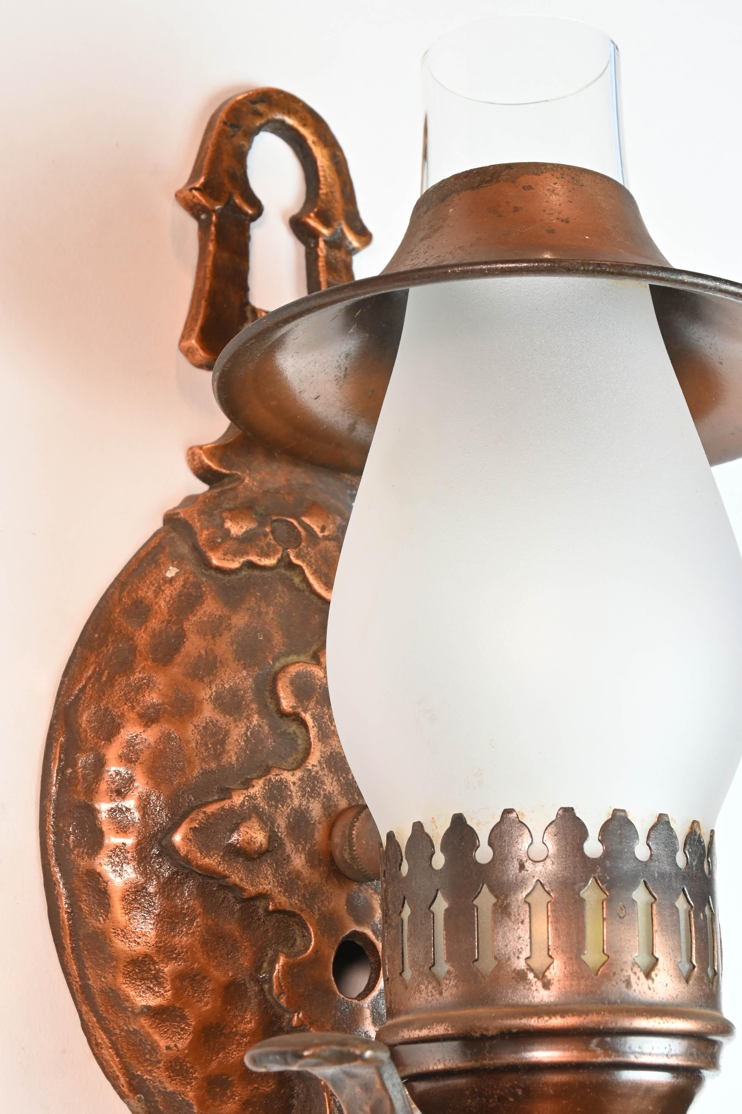 American Copper Gilt Hammered Lamp Sconces