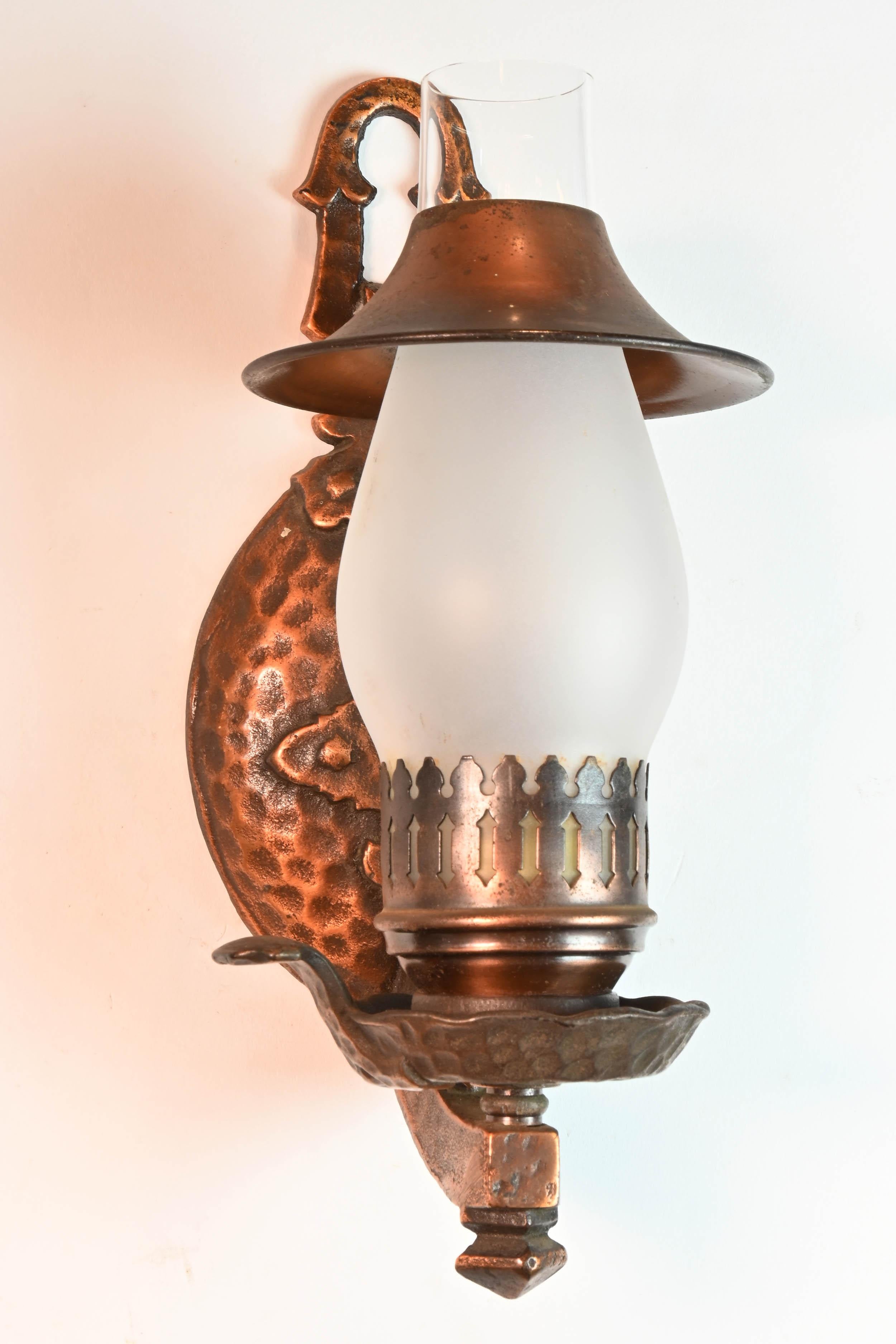 Copper Gilt Hammered Lamp Sconces In Good Condition In Minneapolis, MN
