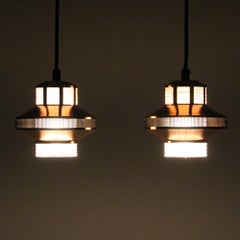 Copper & Glass Pendant Lights, 1960s, Pair of Beautiful Danish Copper and Presse