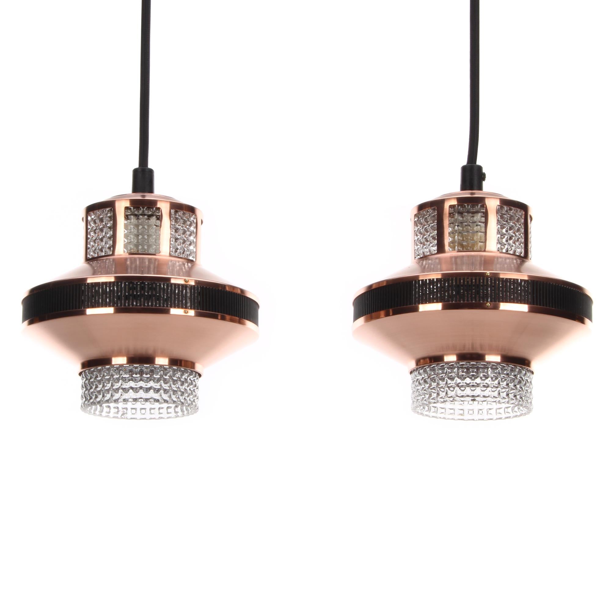 Mid-Century Modern Copper & Glass Pendant Lights, 1960s, Pair of Beautiful Danish Copper and Presse