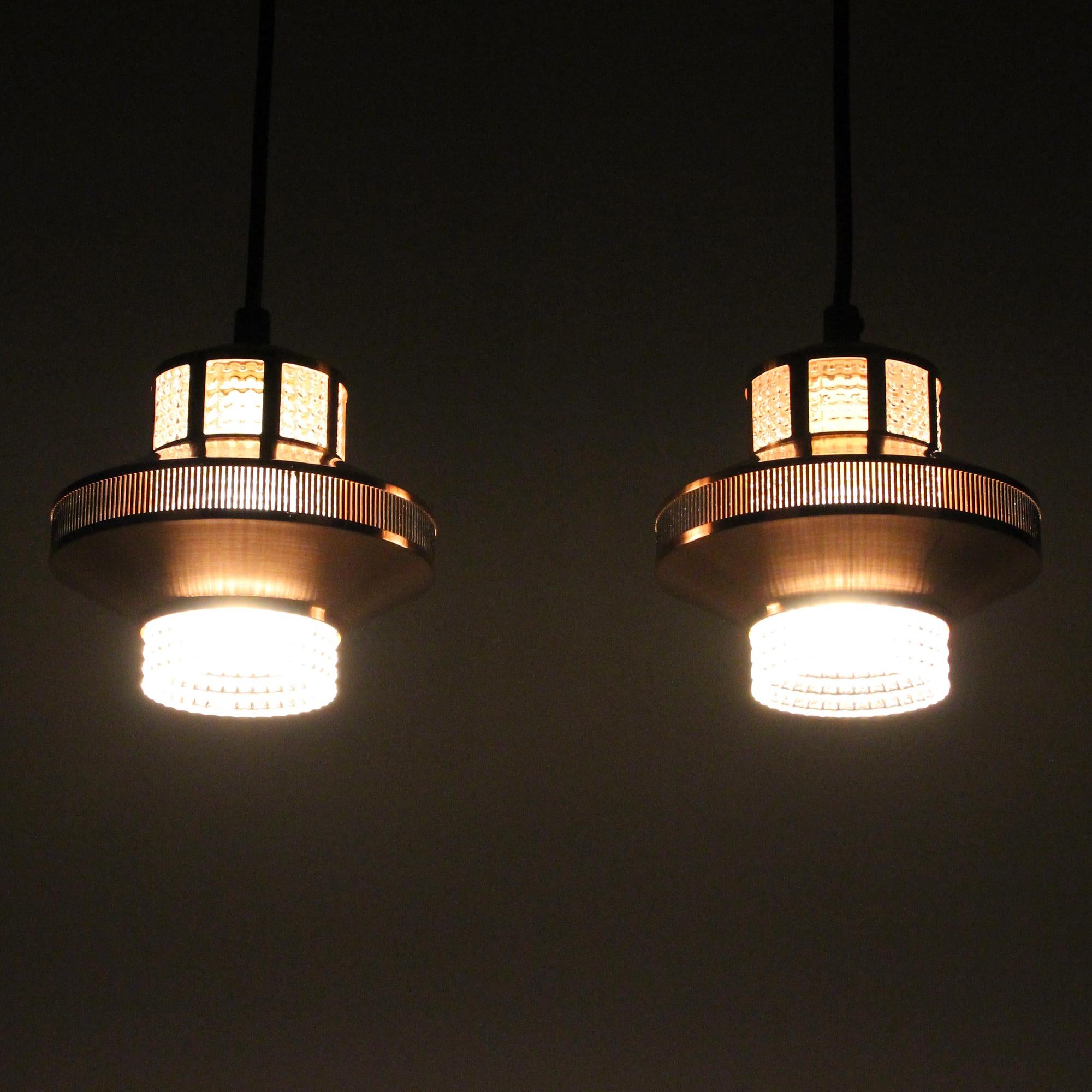 Polished Copper & Glass Pendant Lights, 1960s, Pair of Beautiful Danish Copper and Presse