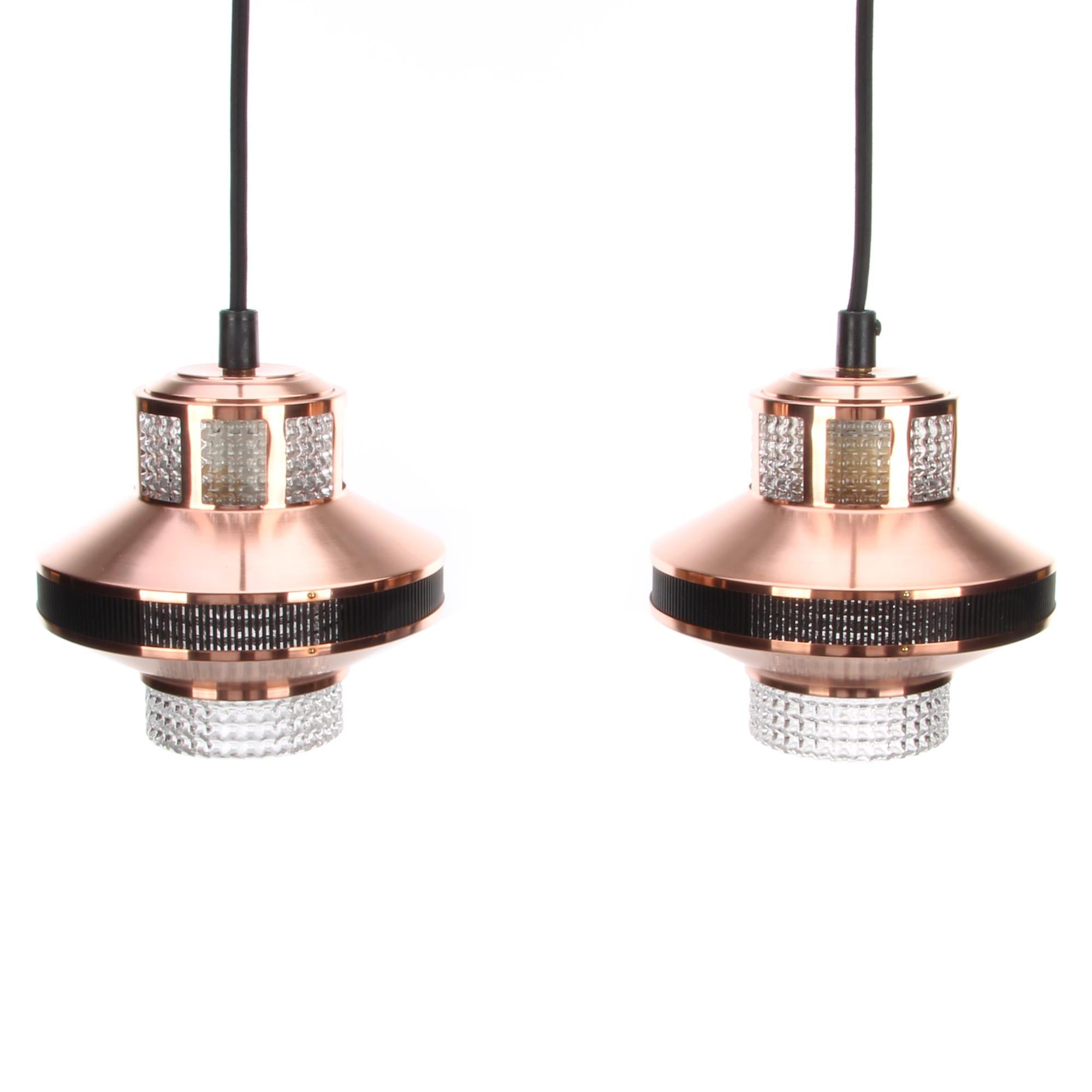 Copper & Glass Pendant Lights, 1960s, Pair of Beautiful Danish Copper and Presse In Good Condition In Brondby, Copenhagen