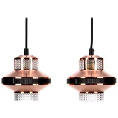 Copper & Glass Pendant Lights, 1960s, Pair of Beautiful Danish Copper and Presse