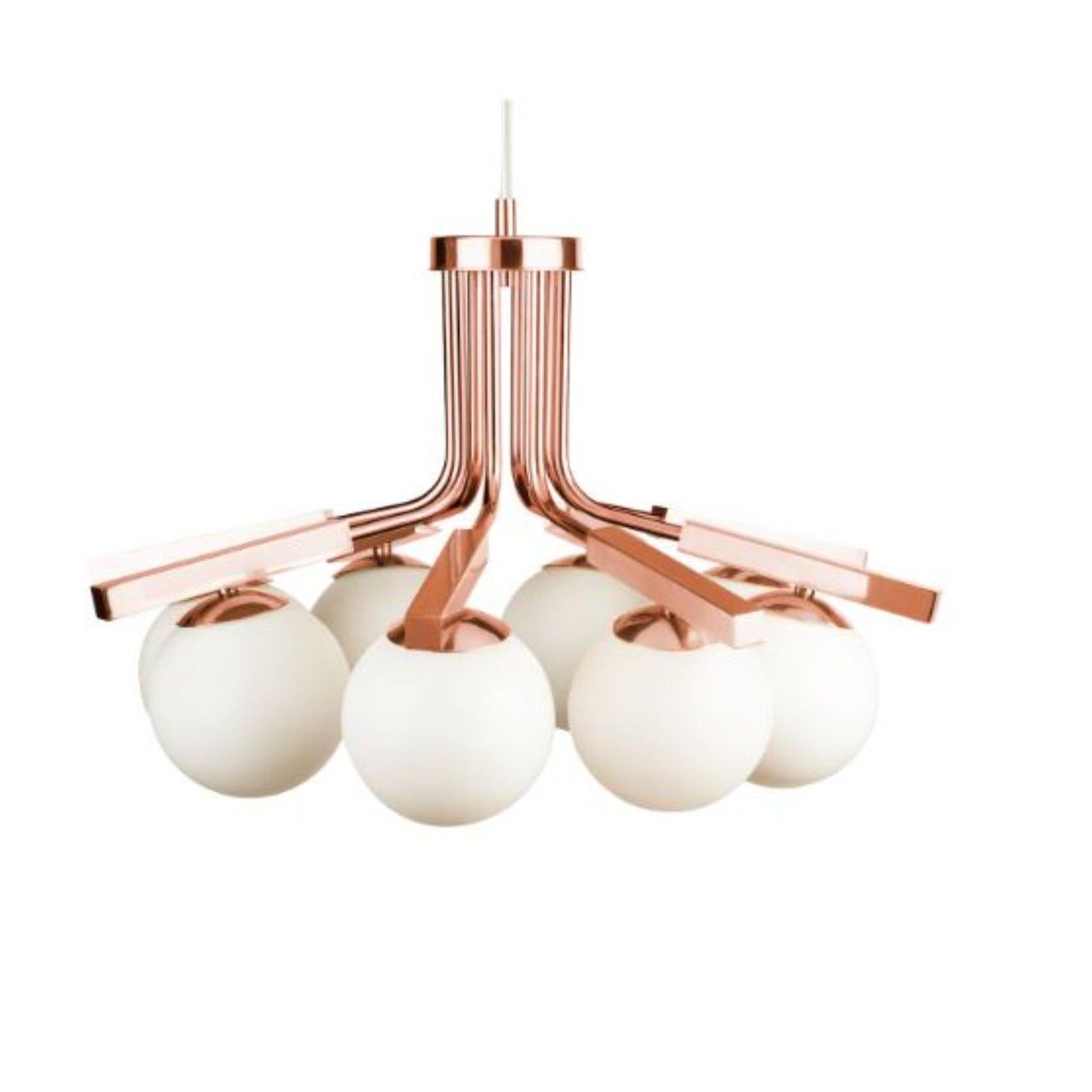 Copper Globe I Suspension lamp by Dooq
Dimensions: W 80 x D 80 x H 45 cm
Materials: lacquered metal, polished or brushed metal, copper.
Also available in different colors and materials. 

Information:
230V/50Hz
8 x max. G9
4W