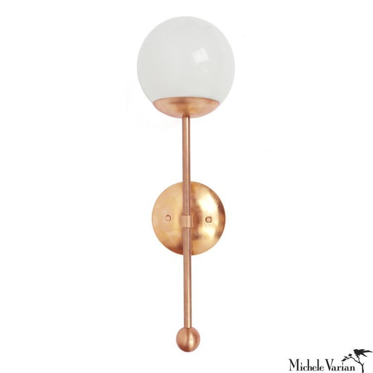 A simple modern sconce to accent your bedroom, bathroom, or work space. This contemporary light also works well in a commercial setting restaurant, retail, or office space.
Designed by Michele Varian
Unfinished copper and glass (clear coat can be