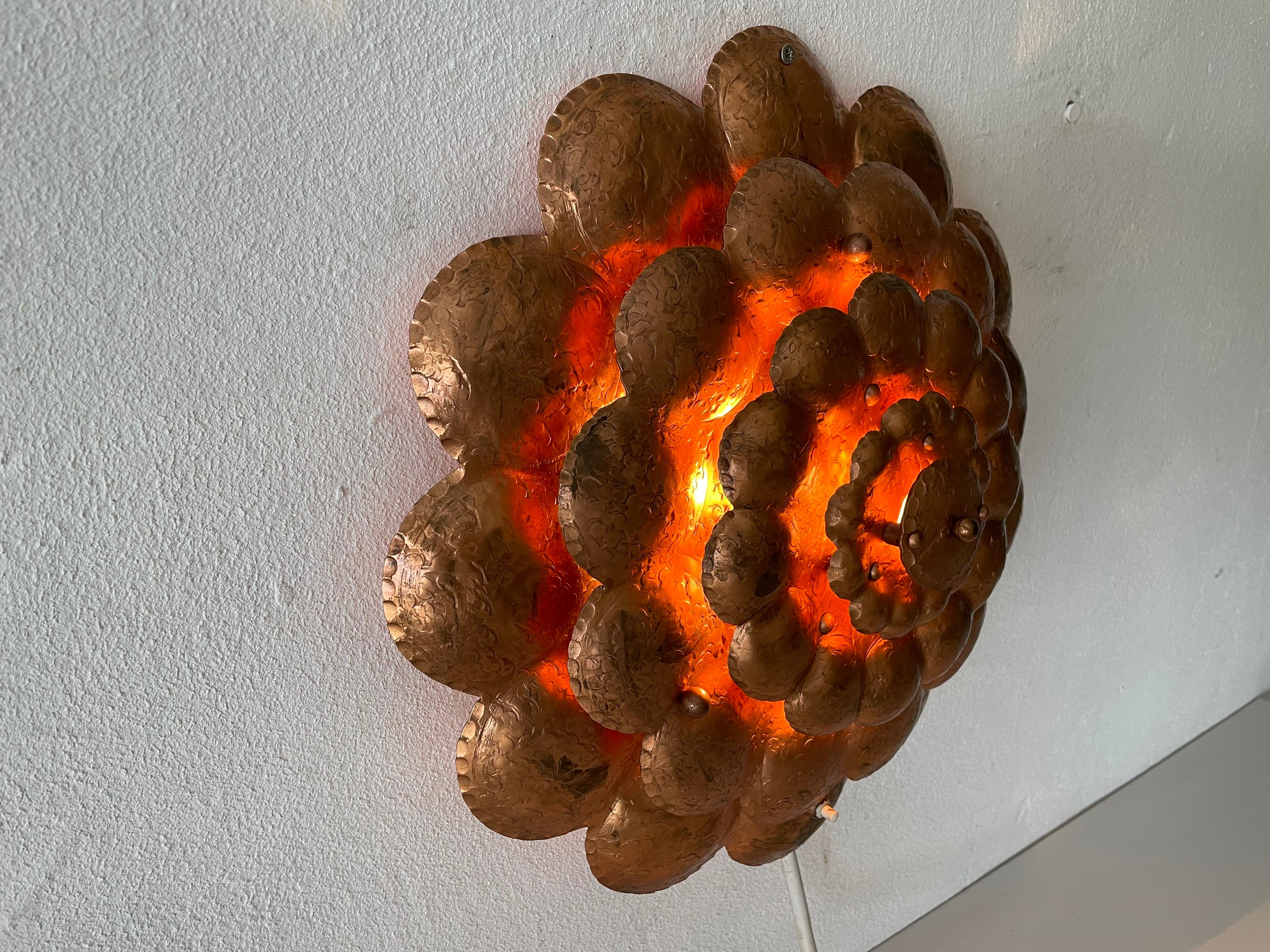 Copper Handcrafted Flower Shaped Single Sconce Flush Mount Ceiling, 1950 Germany For Sale 7
