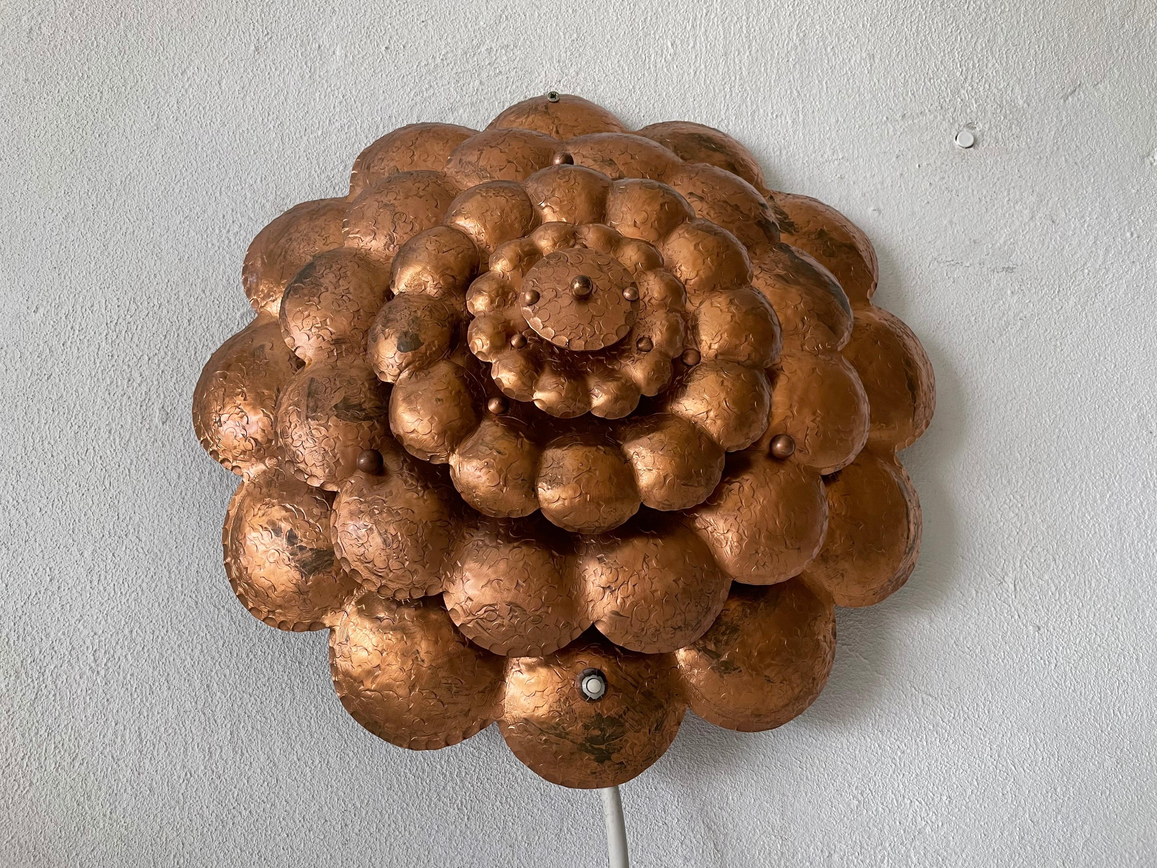 Mid-Century Modern Copper Handcrafted Flower Shaped Single Sconce Flush Mount Ceiling, 1950 Germany For Sale