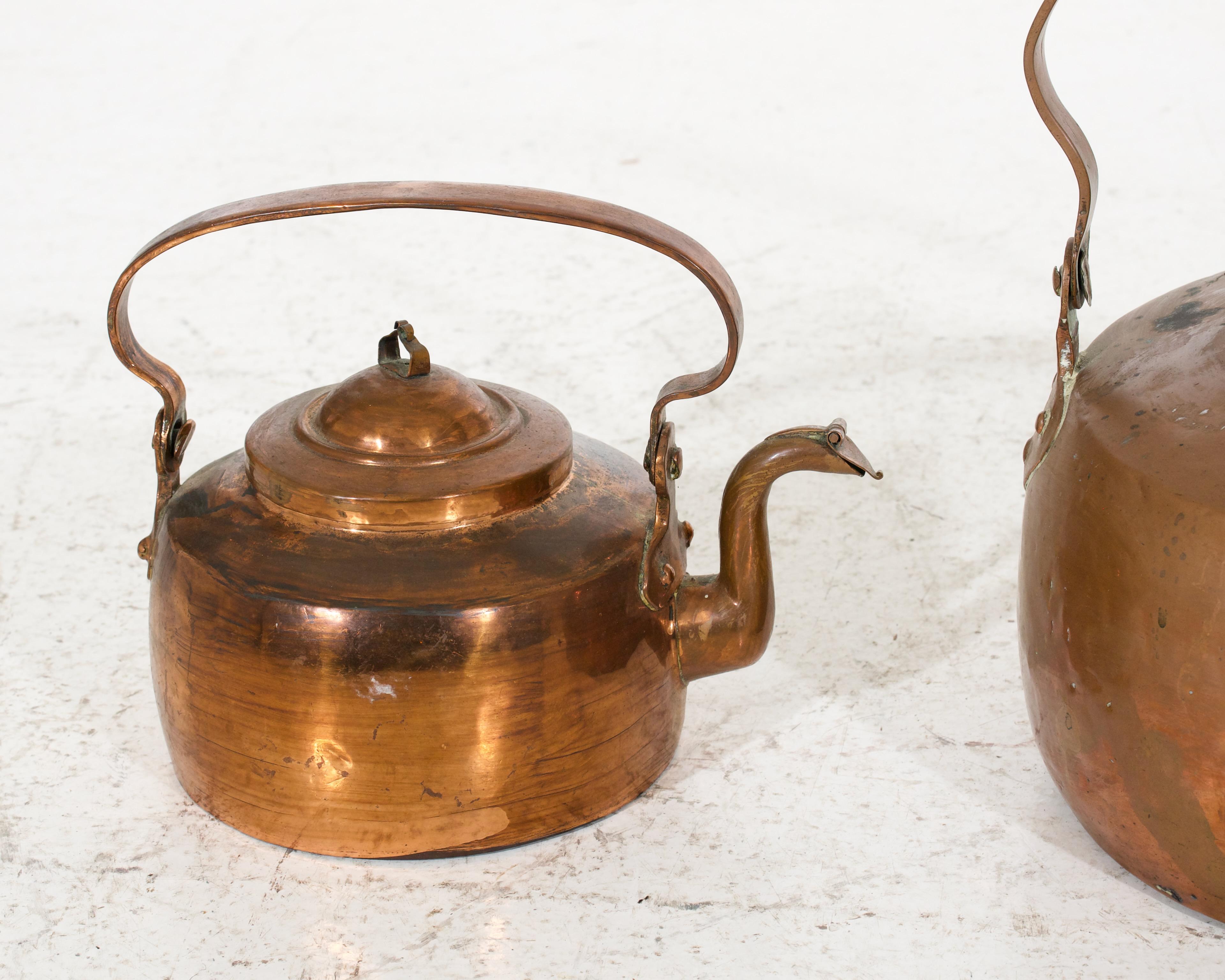 Copper handmade kettles from a Danish manor house and signed, circa 1750 - 1770.
