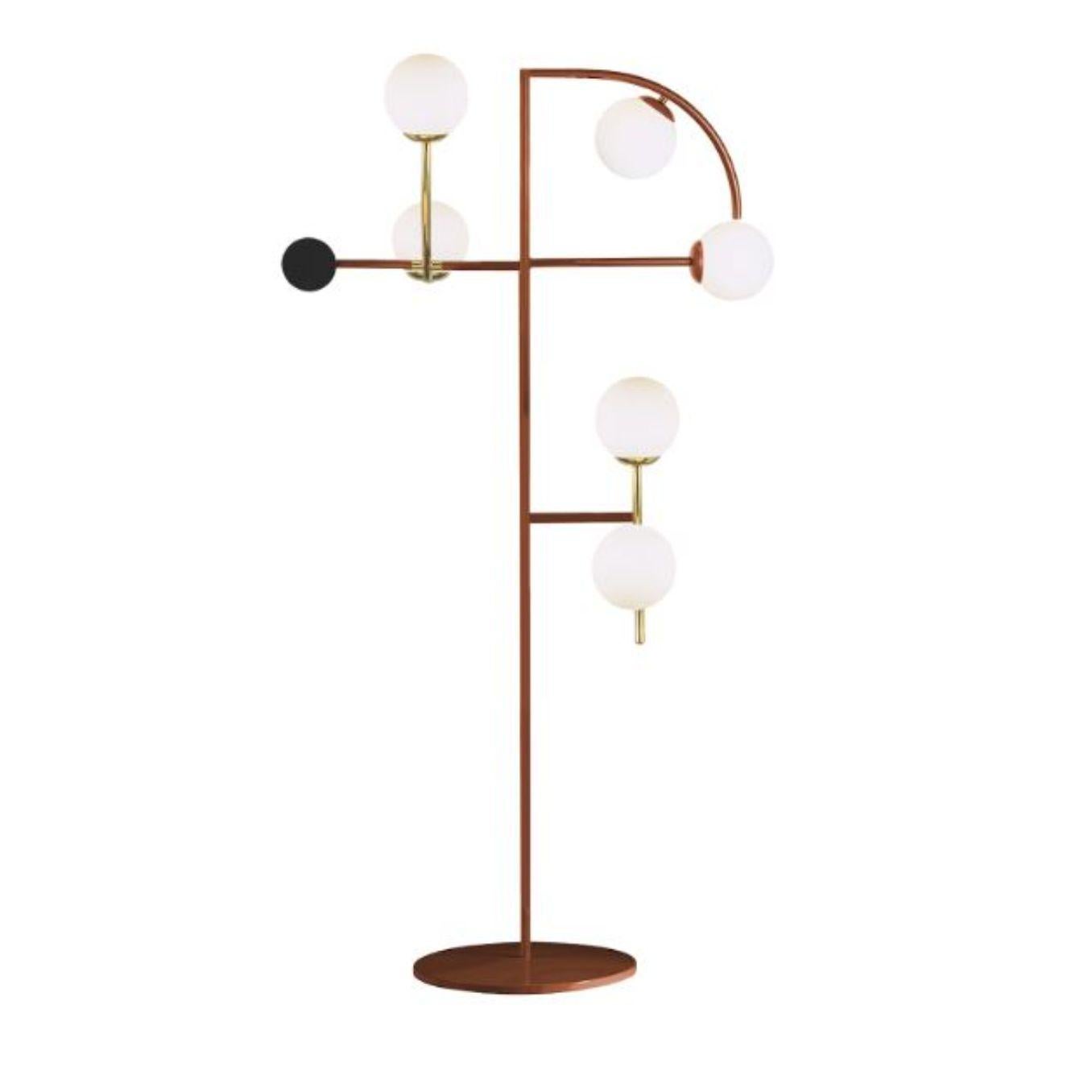 Copper Helio floor lamp by Dooq
Dimensions: W 95 x D 30 x H 169 cm
Materials: lacquered metal, brass/nickel
Also available in different colors and materials. 

Information:
230V/50Hz
6 x max. G9
4W LED

120V/60Hz
6 x max. G9
4W