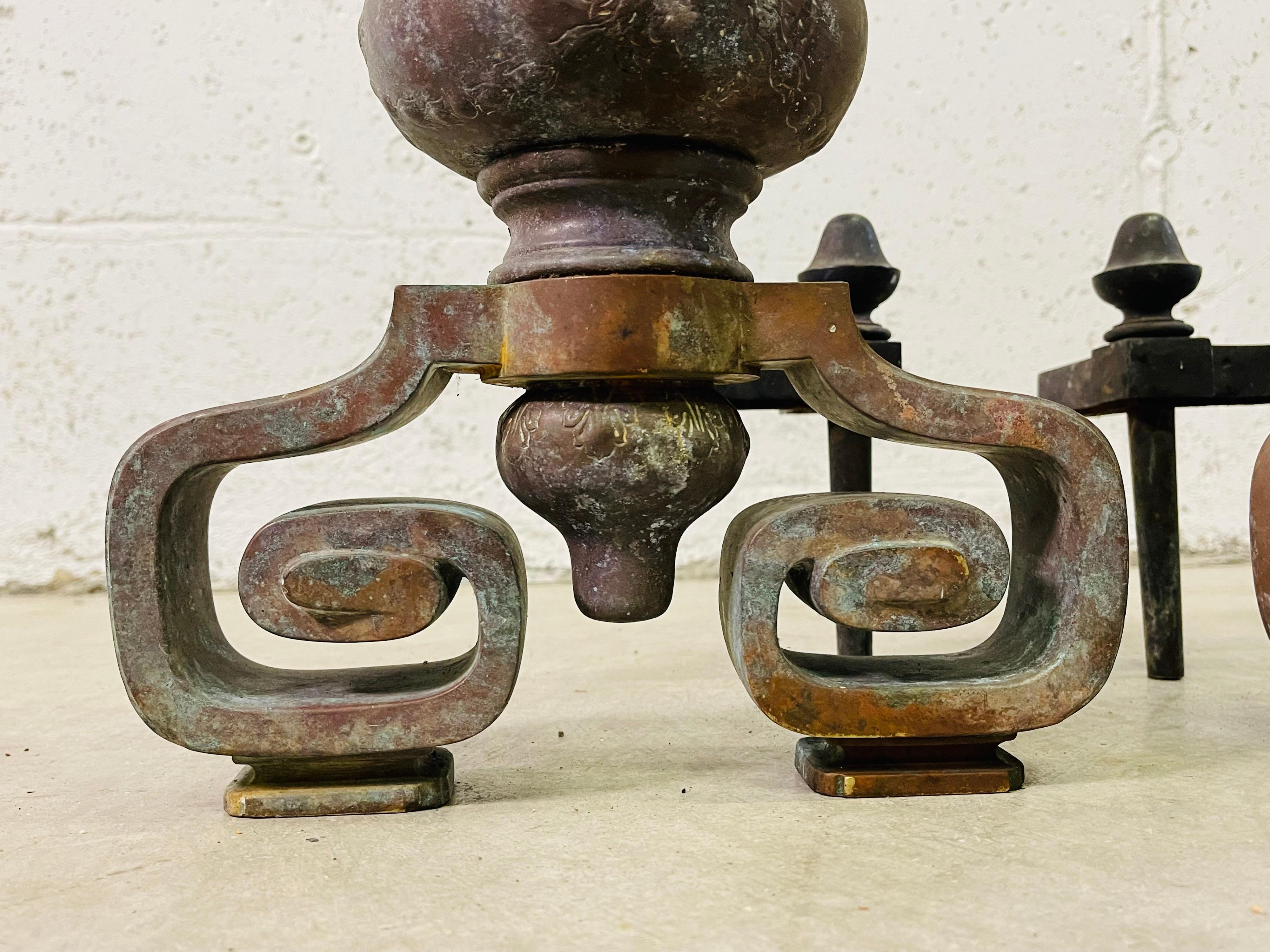 Copper & Iron Incised Fireplace Andirons, Pair In Fair Condition In Amherst, NH