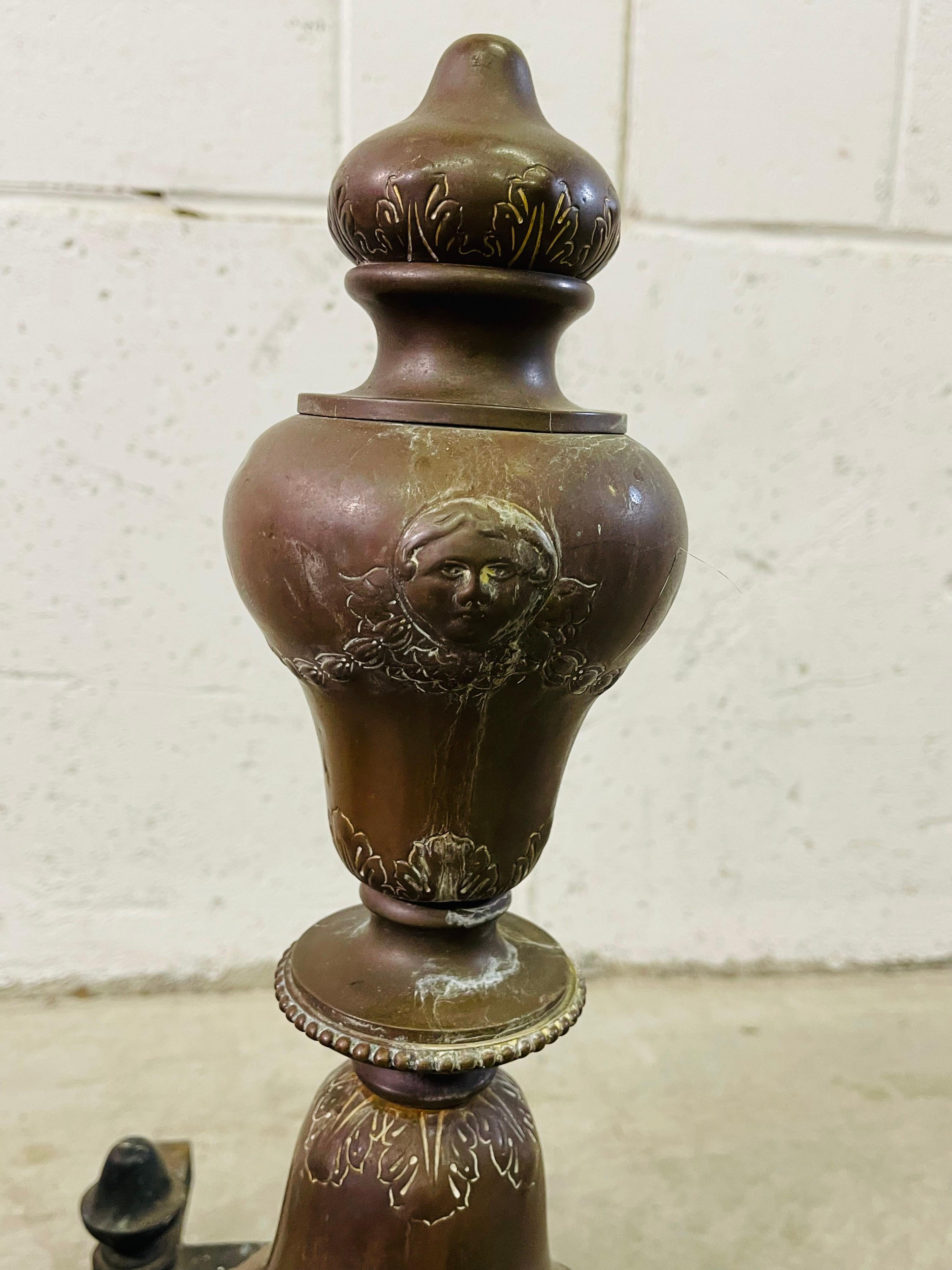 20th Century Copper & Iron Incised Fireplace Andirons, Pair