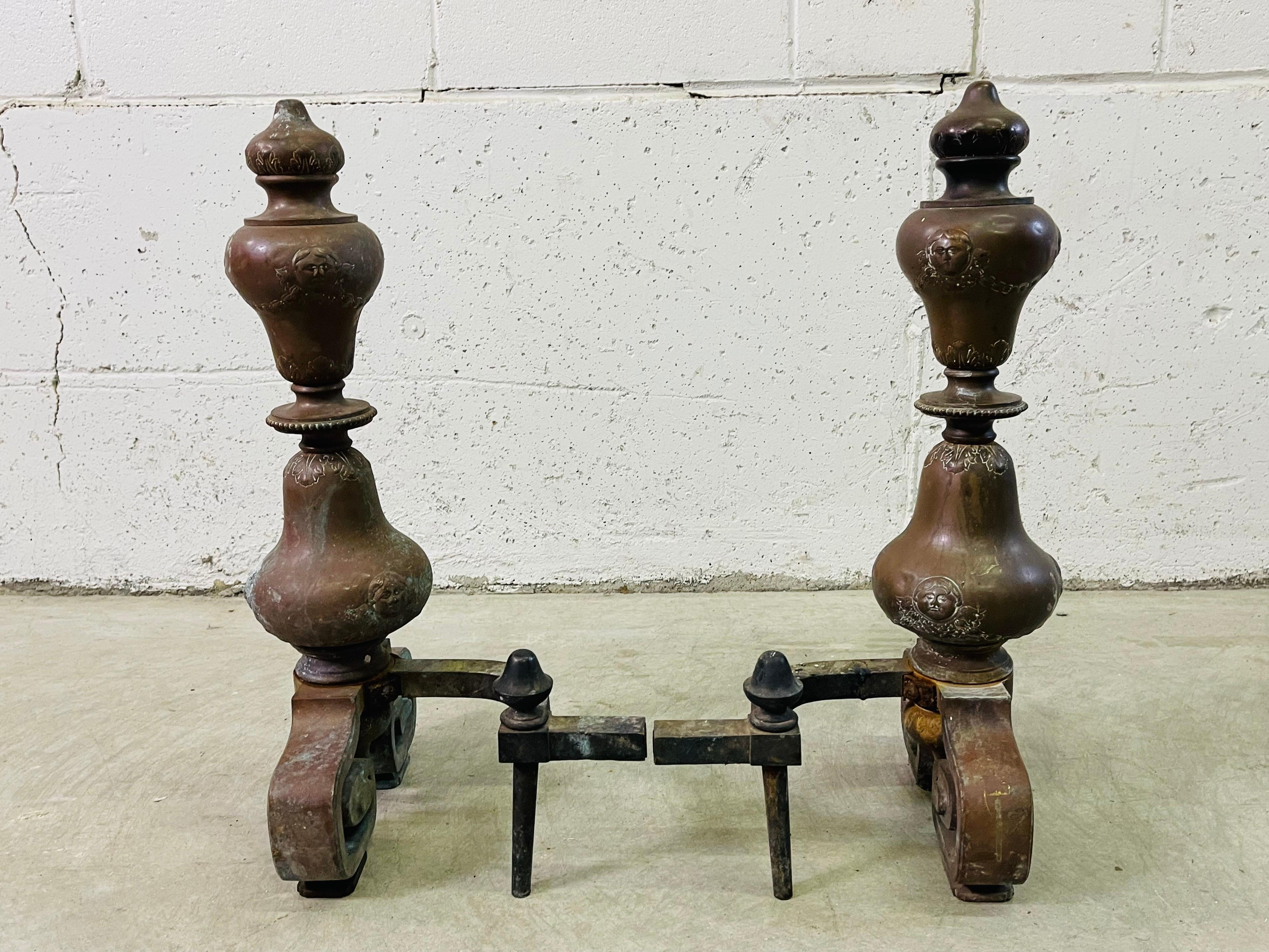 Copper & Iron Incised Fireplace Andirons, Pair 2