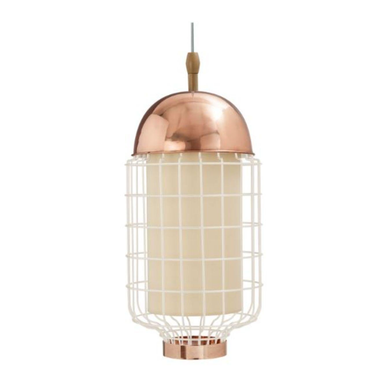 Copper ivory magnolia II suspension lamp with copper ring by Dooq.
Dimensions: W 27 x D 27 x H 59 cm.
Materials: lacquered metal, polished or brushed metal, copper.
Abat-jour: cotton
Also available in different colours and materials.