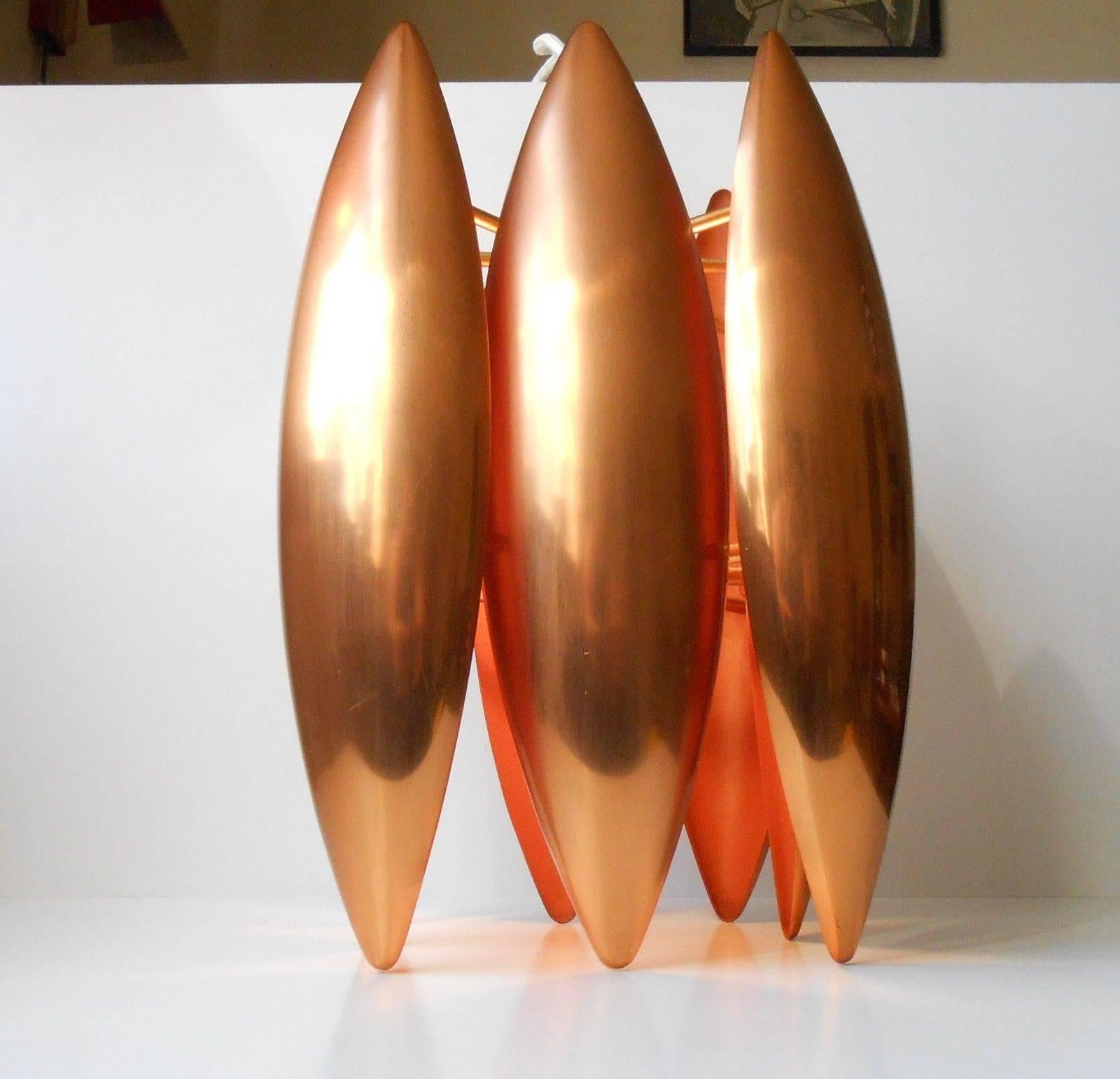 Type: Pendant ceilling light.

Designer: Jo Hammerborg.

Model: Kastor.

Design year: 1969.

Producer: Fog & Mørup.

Measures: Diameter 25 cm (12 inches).

Height 38 cm (15 inches).

Material/color: solid copper hold together by brass
